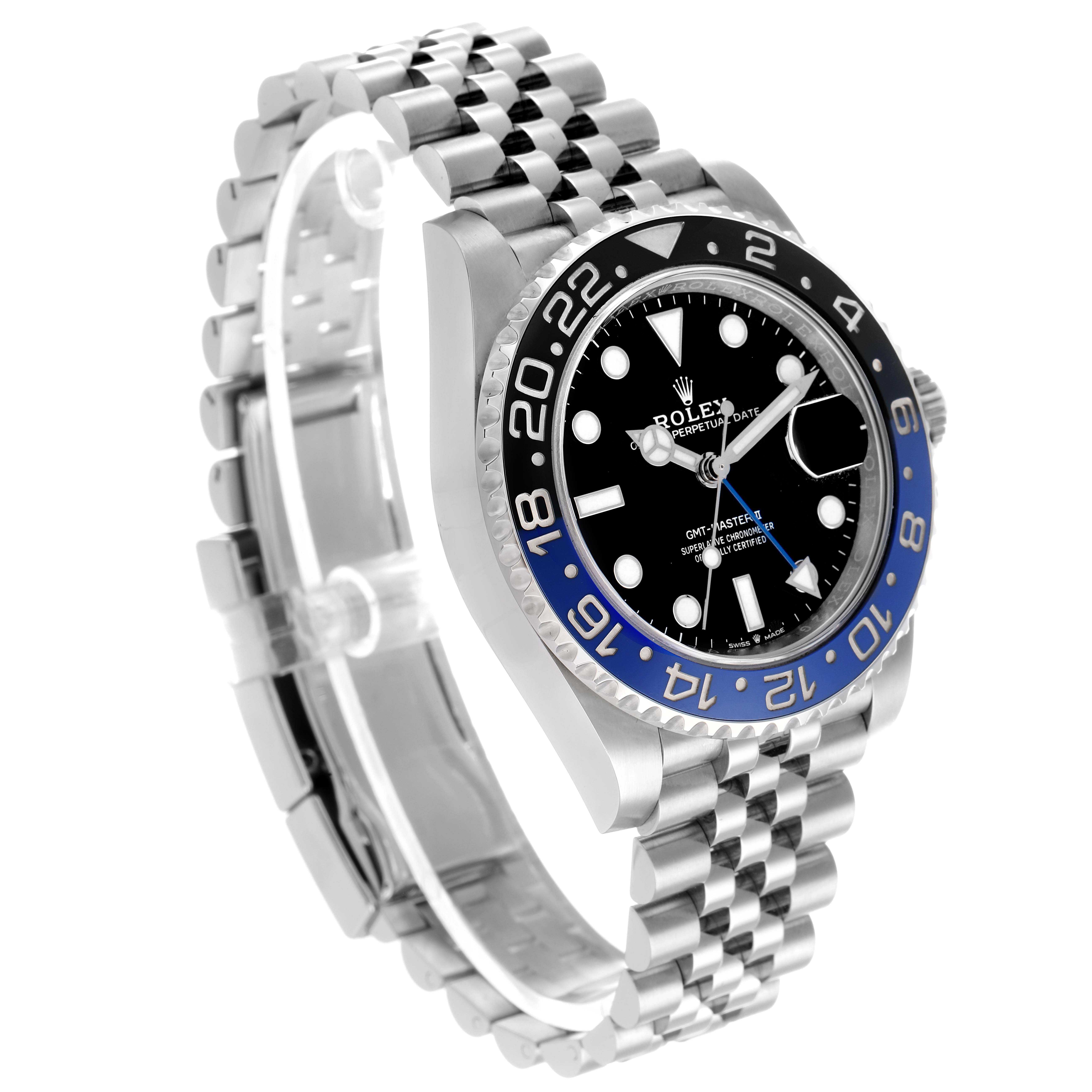 The image shows a Rolex GMT-Master 126710 Men
s Stainless Steel Black Dial watch at a three-quarter angle, highlighting the bracelet, case, and bezel.