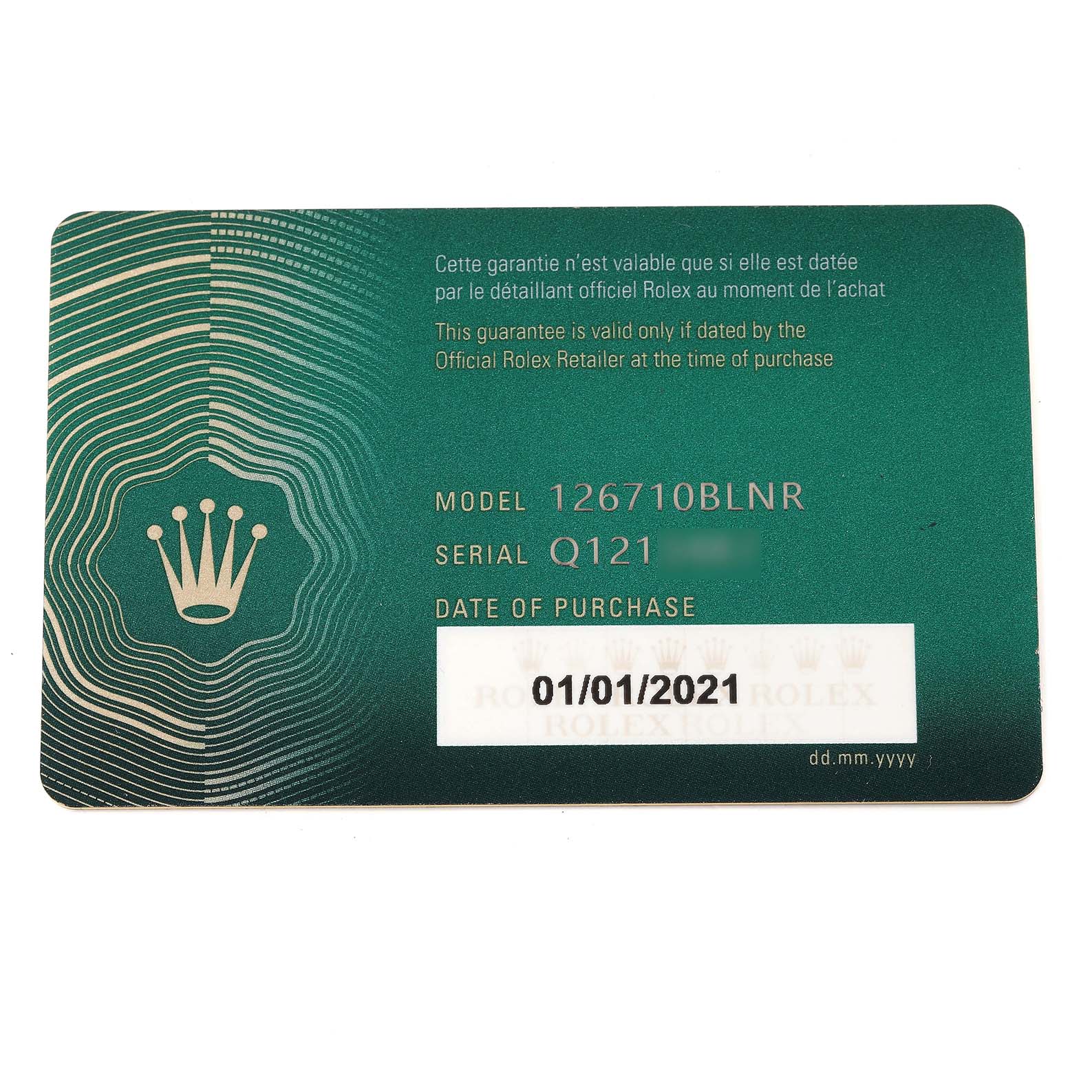 This image shows the warranty card for a Rolex GMT-Master 126710 Men
s Stainless Steel Black Dial 126710 Men
s Stainless Steel Black Dial model 126710BLNR, including its serial number and date of purchase.