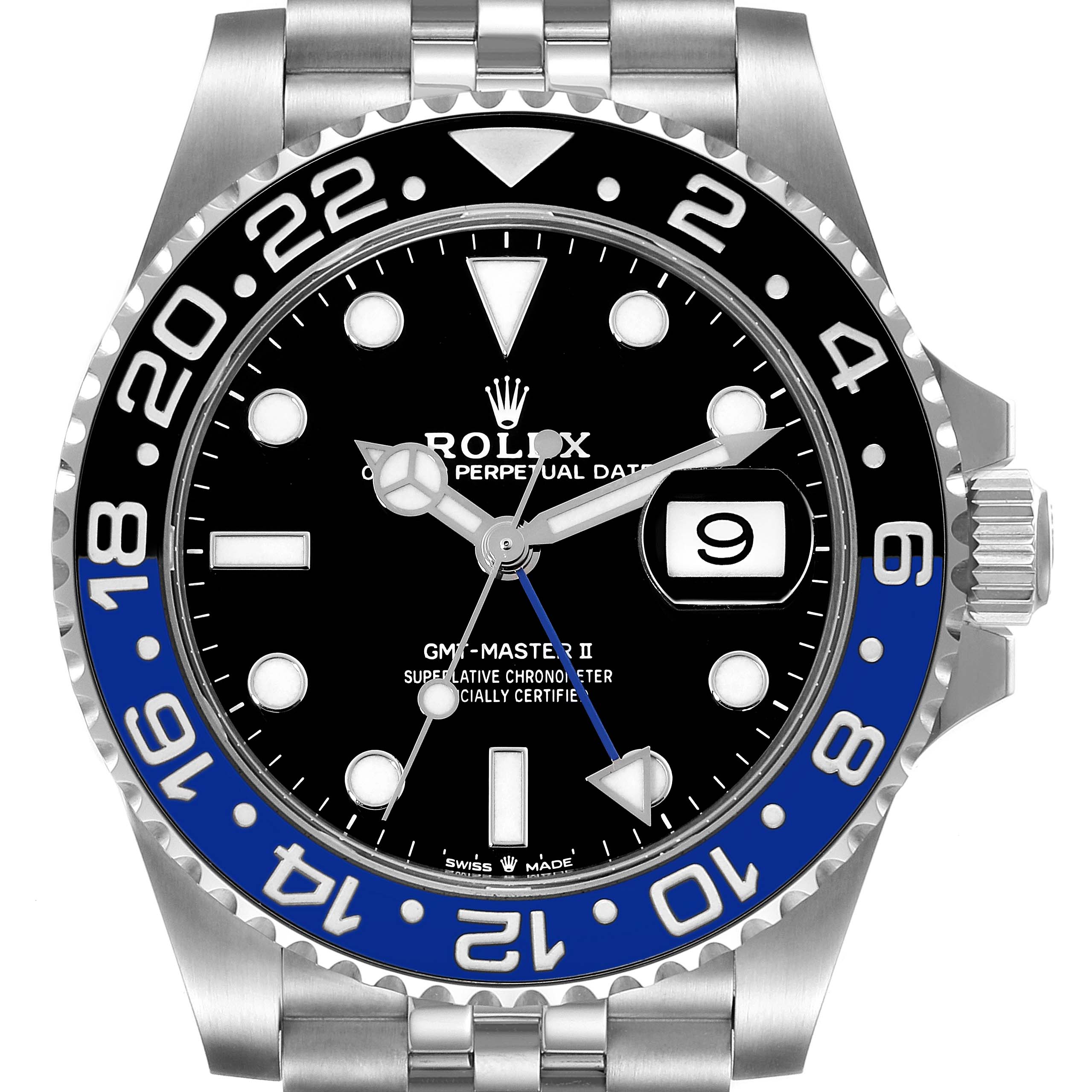 This image shows a front angle view of the Rolex GMT-Master 126710 Men
s Stainless Steel Black Dial 126710 Men
s Stainless Steel Black Dial II watch, including the bezel, dial, and bracelet.
