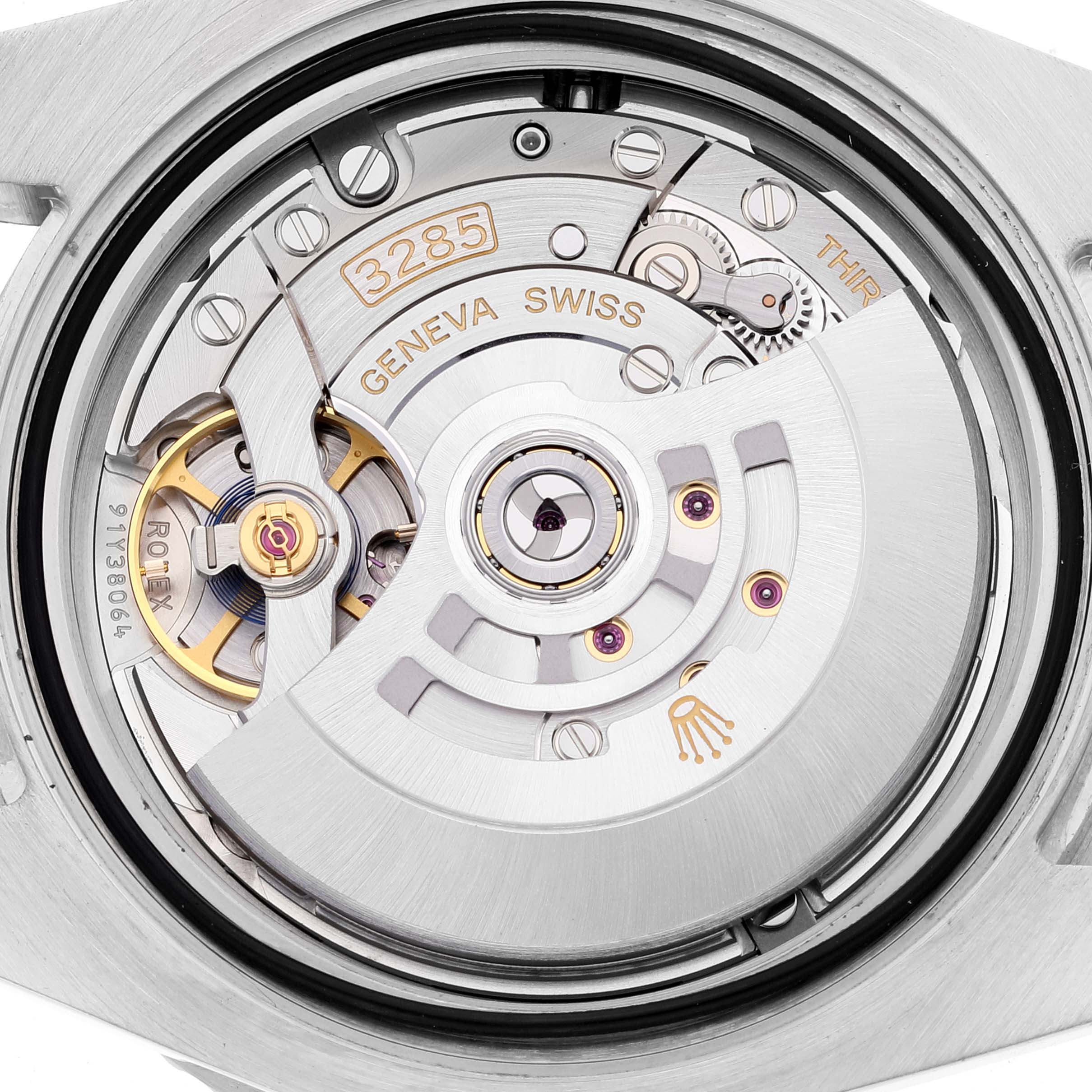 This image shows the detailed movement and inner mechanism of the Rolex GMT-Master 126710 Men
s Stainless Steel Black Dial 126710 Men
s Stainless Steel Black Dial watch, including the rotor and various gears.