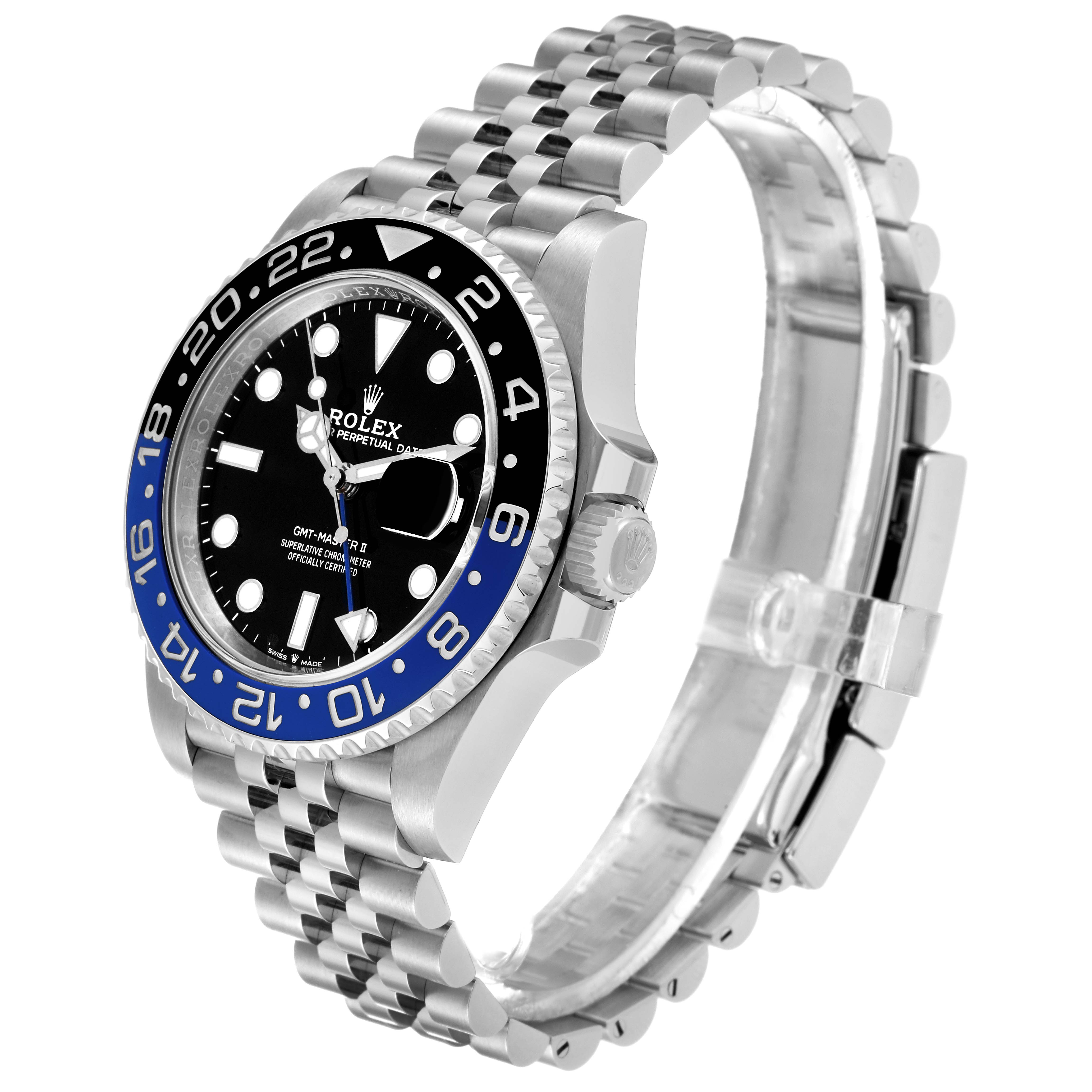 The image shows a side-angle view of a Rolex GMT-Master 126710 Men
s Stainless Steel Black Dial 126710 Men
s Stainless Steel Black Dial watch, highlighting the bezel, dial, crown, and jubilee bracelet.