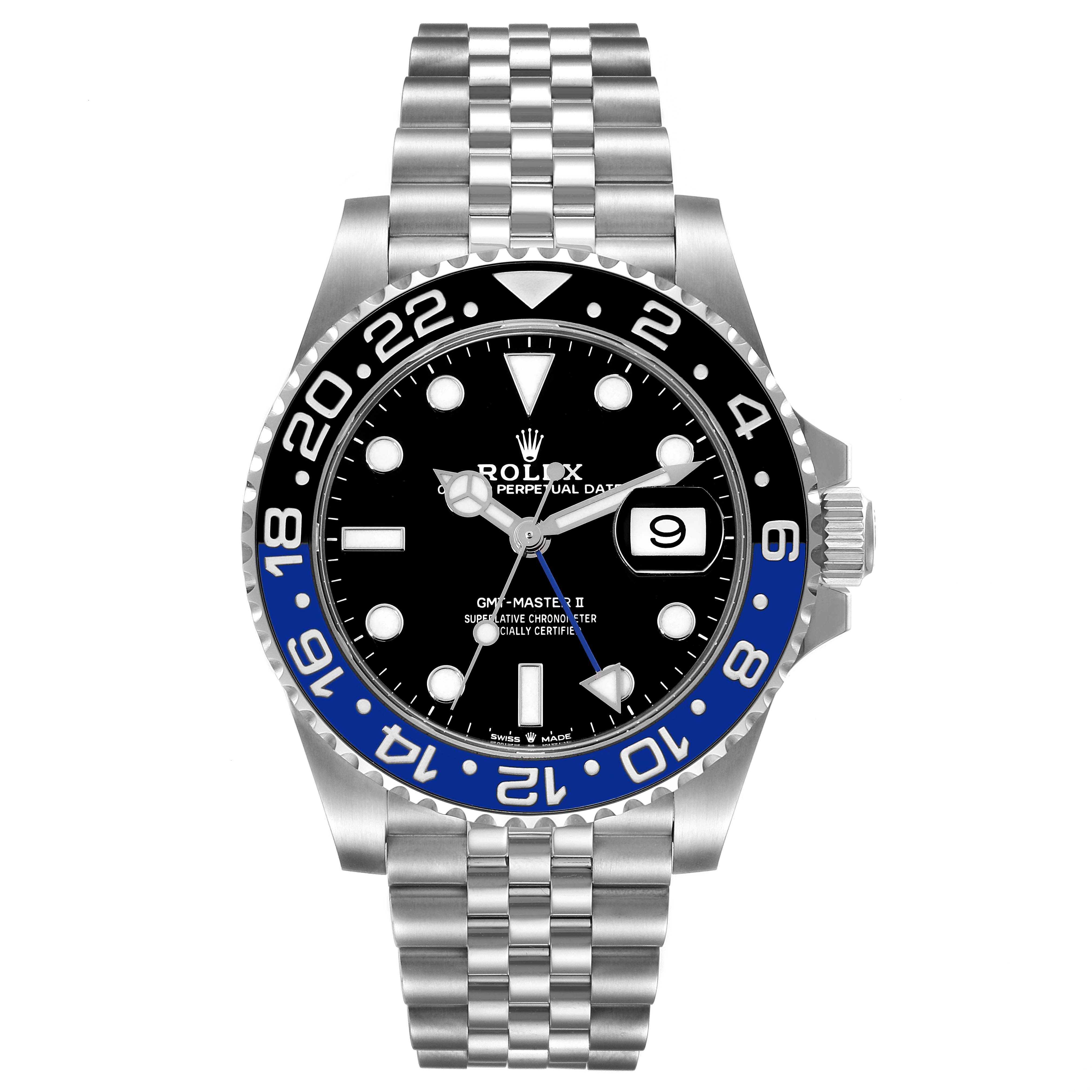 This image shows a front view of the Rolex GMT-Master 126710 Men
s Stainless Steel Black Dial 126710 Men
s Stainless Steel Black Dial II watch, highlighting its bezel, dial, and bracelet.