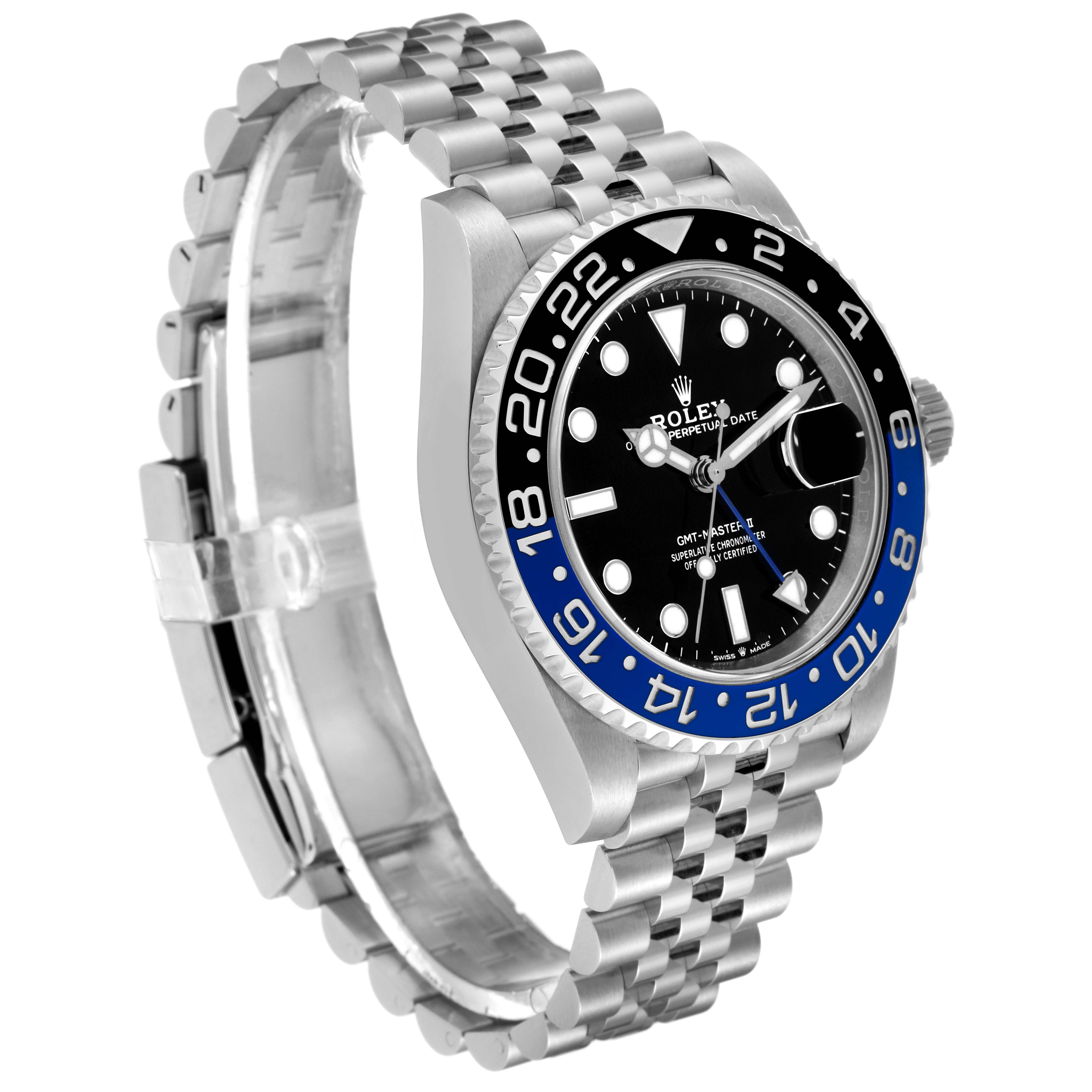 This image shows a Rolex GMT-Master 126710 Men
s Stainless Steel Black Dial 126710 Men
s Stainless Steel Black Dial watch at a three-quarter front angle, highlighting the face, bezel, and bracelet.