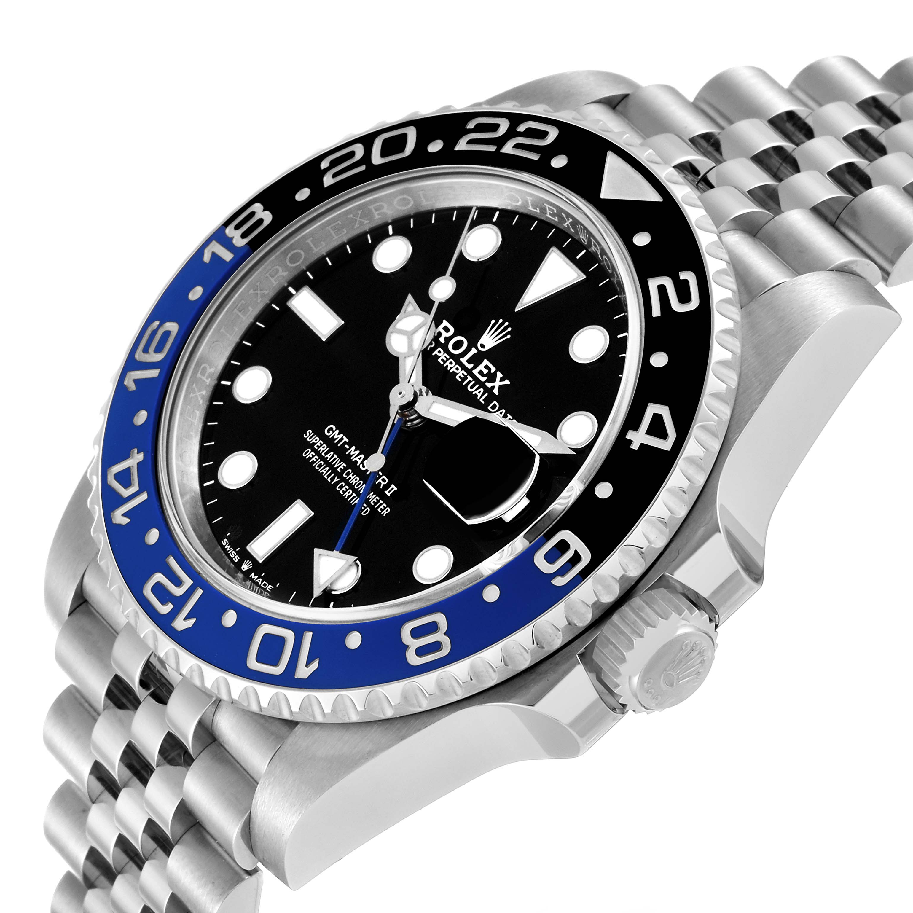The image shows a Rolex GMT-Master 126710 Men
s Stainless Steel Black Dial 126710 Men
s Stainless Steel Black Dial II watch from an angled side view, highlighting the bezel, dial, crown, and bracelet.