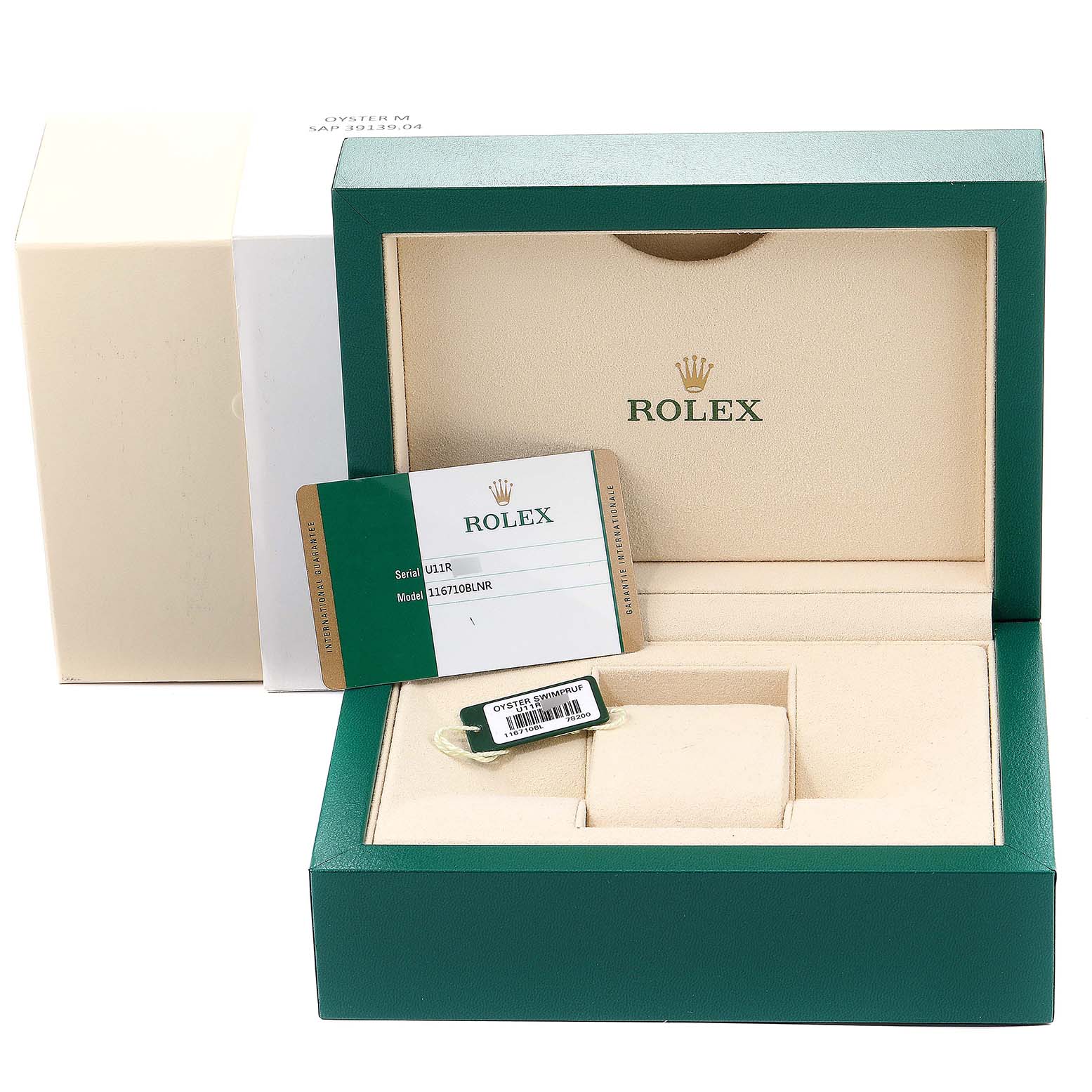 The image shows a Rolex GMT-Master 116710 Men's Stainless Steel Black Dial 116710 Men's Stainless Steel Black Dial watch box, an authenticity card, and a tag from a close angle.