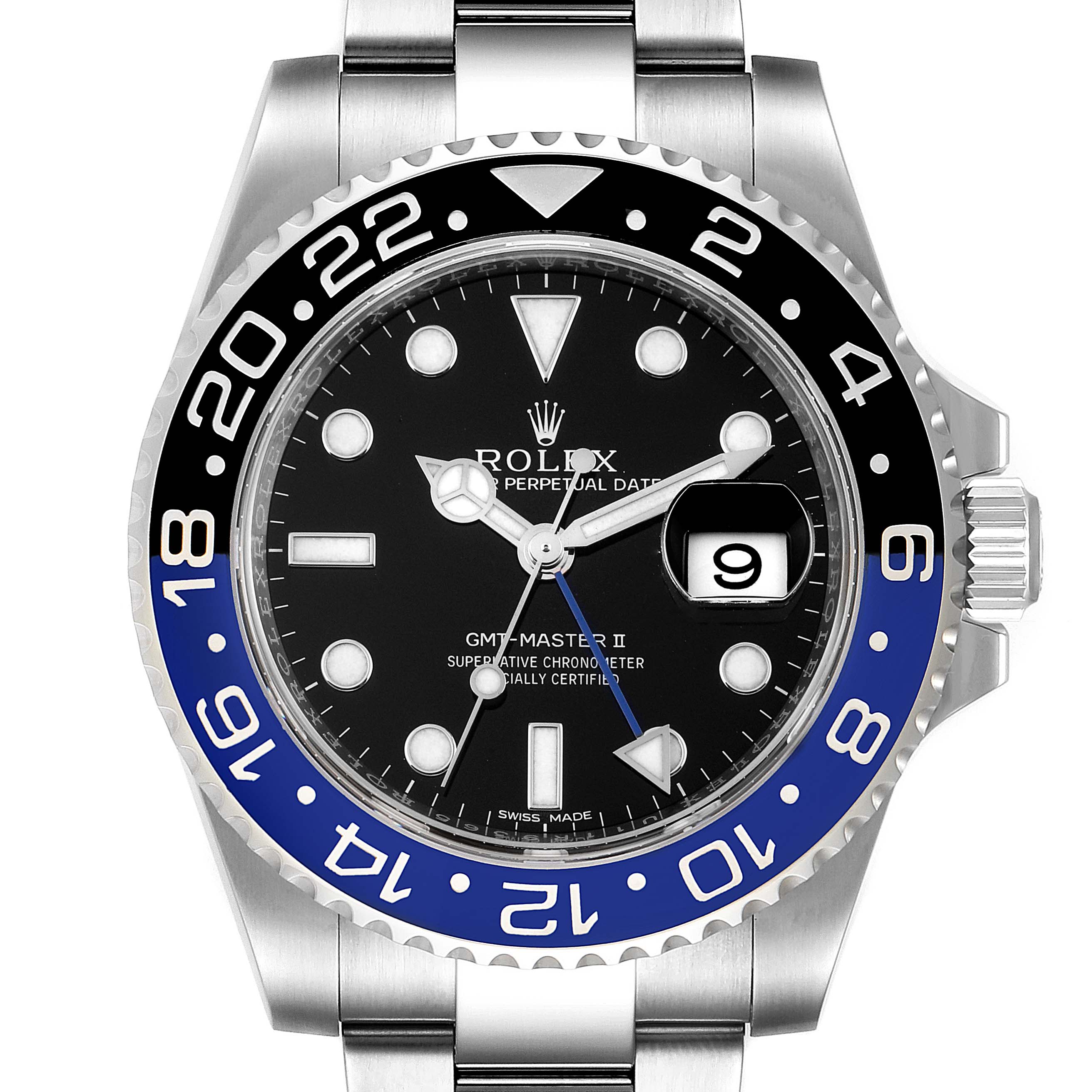 The image shows a frontal view of a Rolex GMT-Master 116710 Men's Stainless Steel Black Dial 116710 Men's Stainless Steel Black Dial II watch, detailing the bezel, dial, hands, and date window.