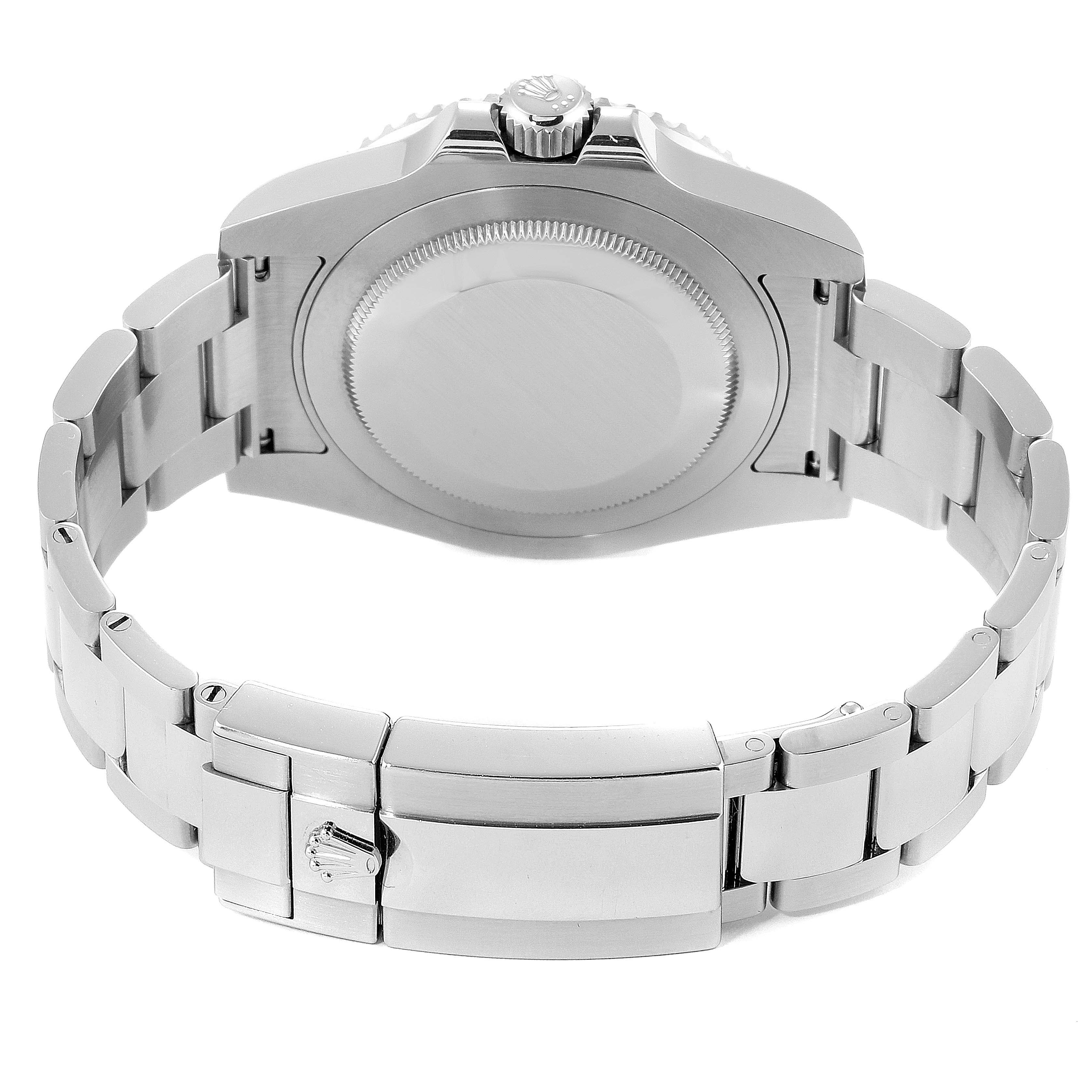 This image shows the back case and bracelet clasp of a Rolex GMT-Master 116710 Men's Stainless Steel Black Dial 116710 Men's Stainless Steel Black Dial watch from a rear view angle.