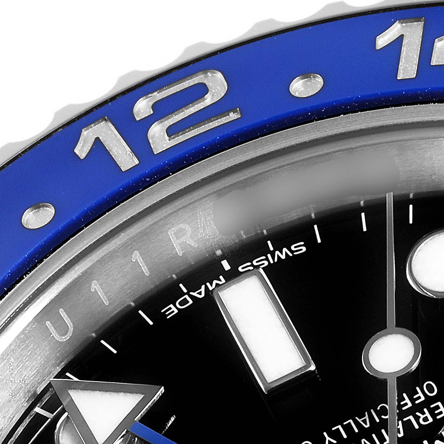The image shows a close-up of the bezel, dial, and hour markers of a Rolex GMT-Master 116710 Men's Stainless Steel Black Dial 116710 Men's Stainless Steel Black Dial watch.