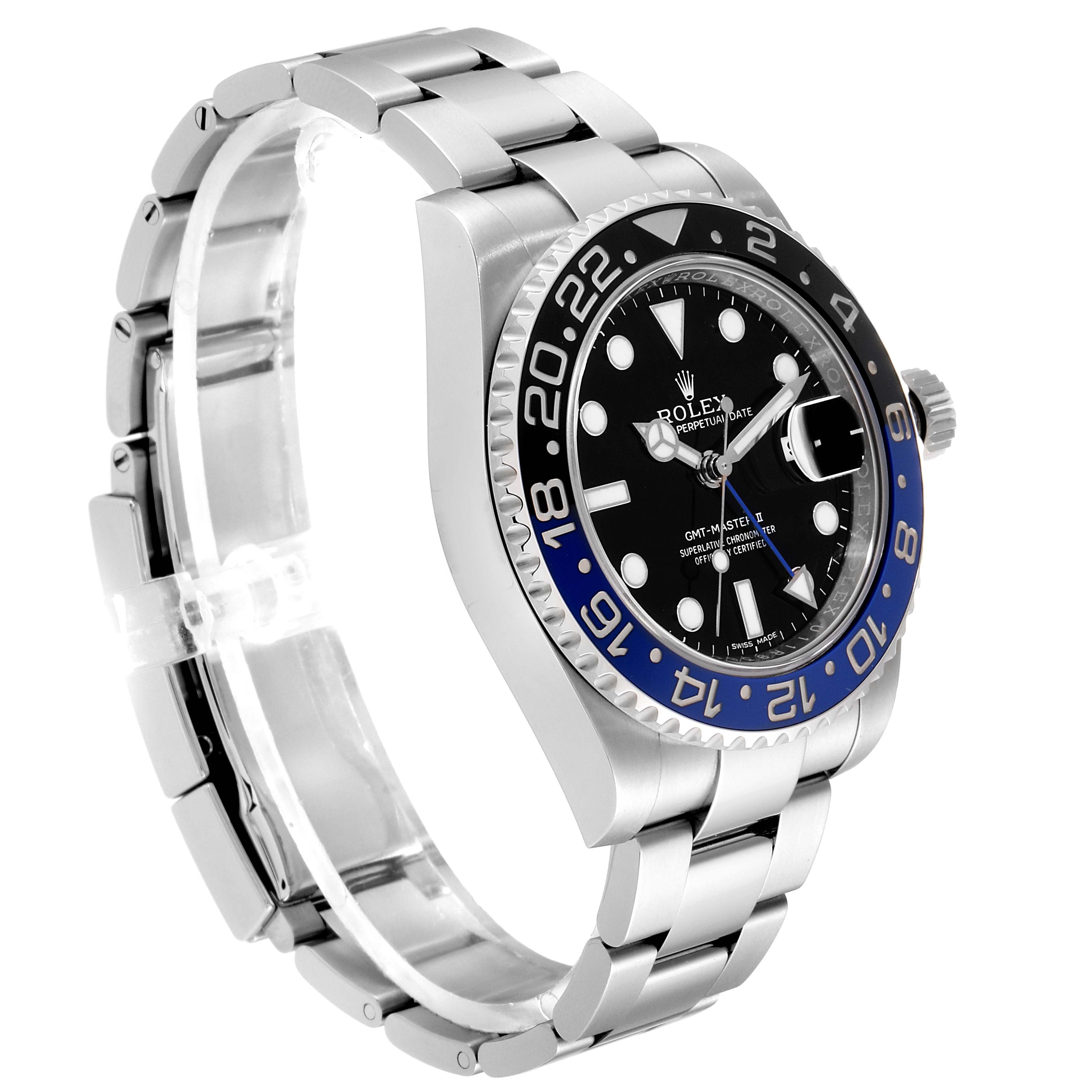 This image shows a side angle of the Rolex GMT-Master 116710 Men's Stainless Steel Black Dial 116710 Men's Stainless Steel Black Dial watch, highlighting the bezel, dial, and stainless steel bracelet.
