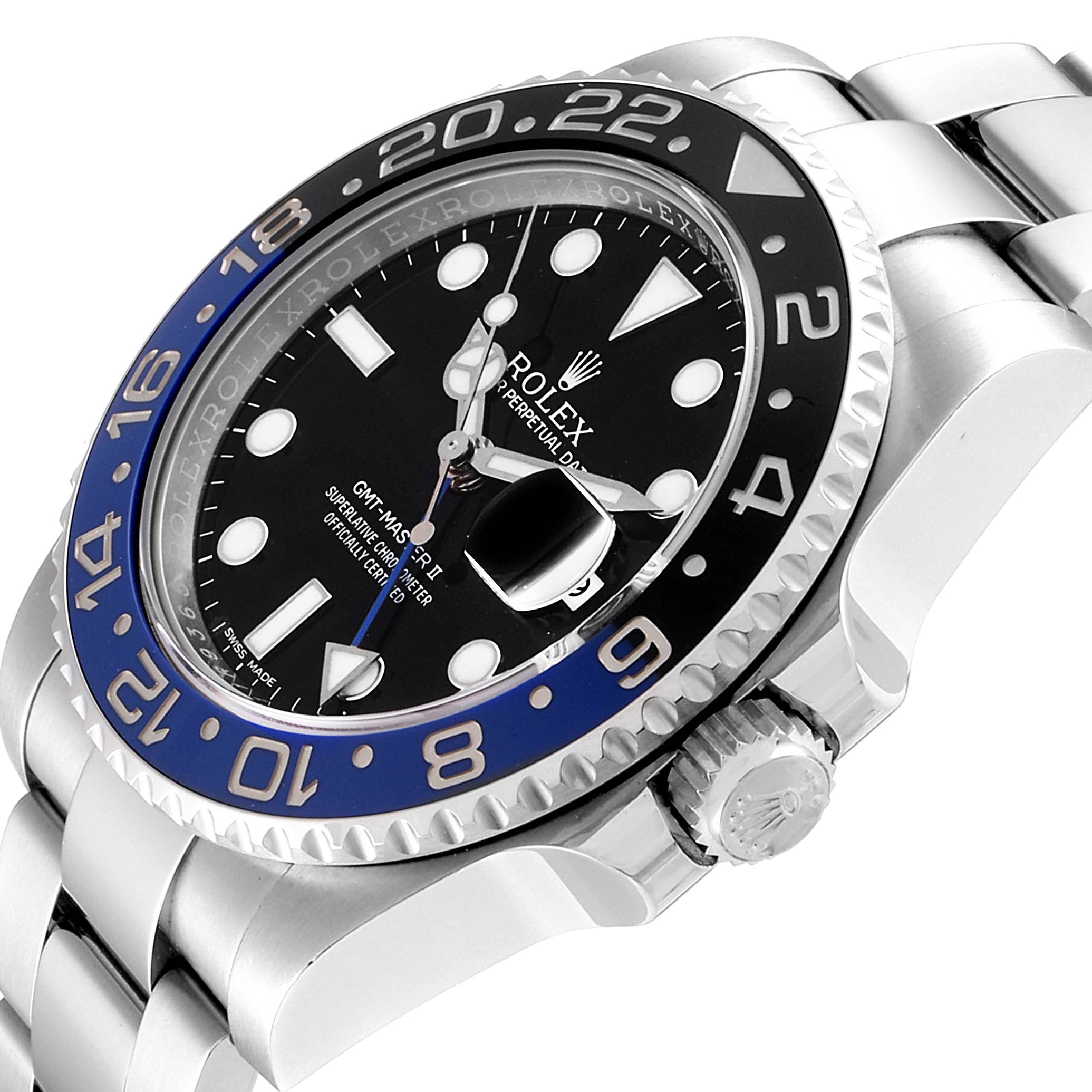 This image shows a Rolex GMT-Master 116710 Men's Stainless Steel Black Dial 116710 Men's Stainless Steel Black Dial watch from an angled view, highlighting the bezel, dial, crown, and part of the bracelet.
