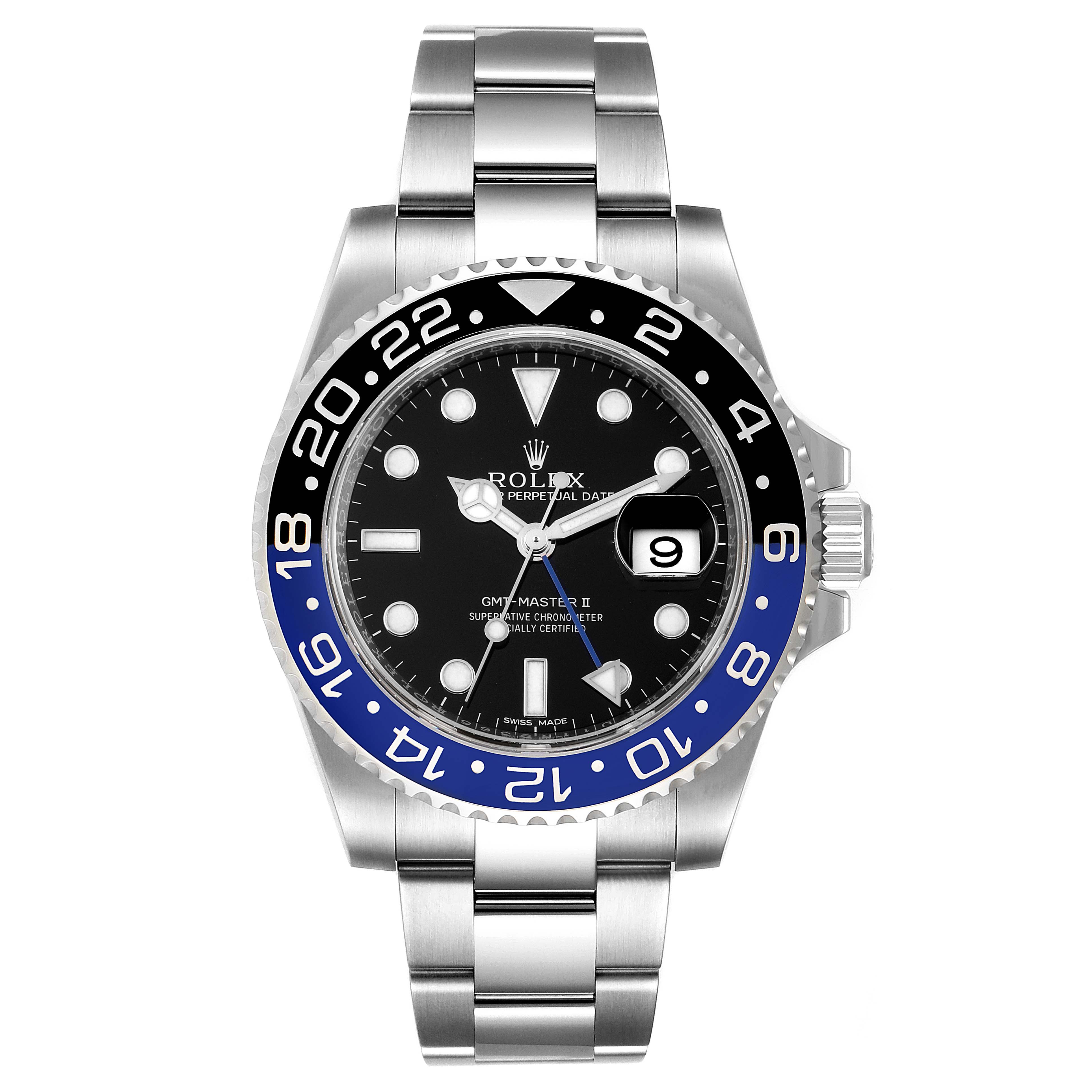 This image displays the front view of a Rolex GMT-Master 116710 Men's Stainless Steel Black Dial 116710 Men's Stainless Steel Black Dial II watch showcasing its bezel, dial, hands, and bracelet.