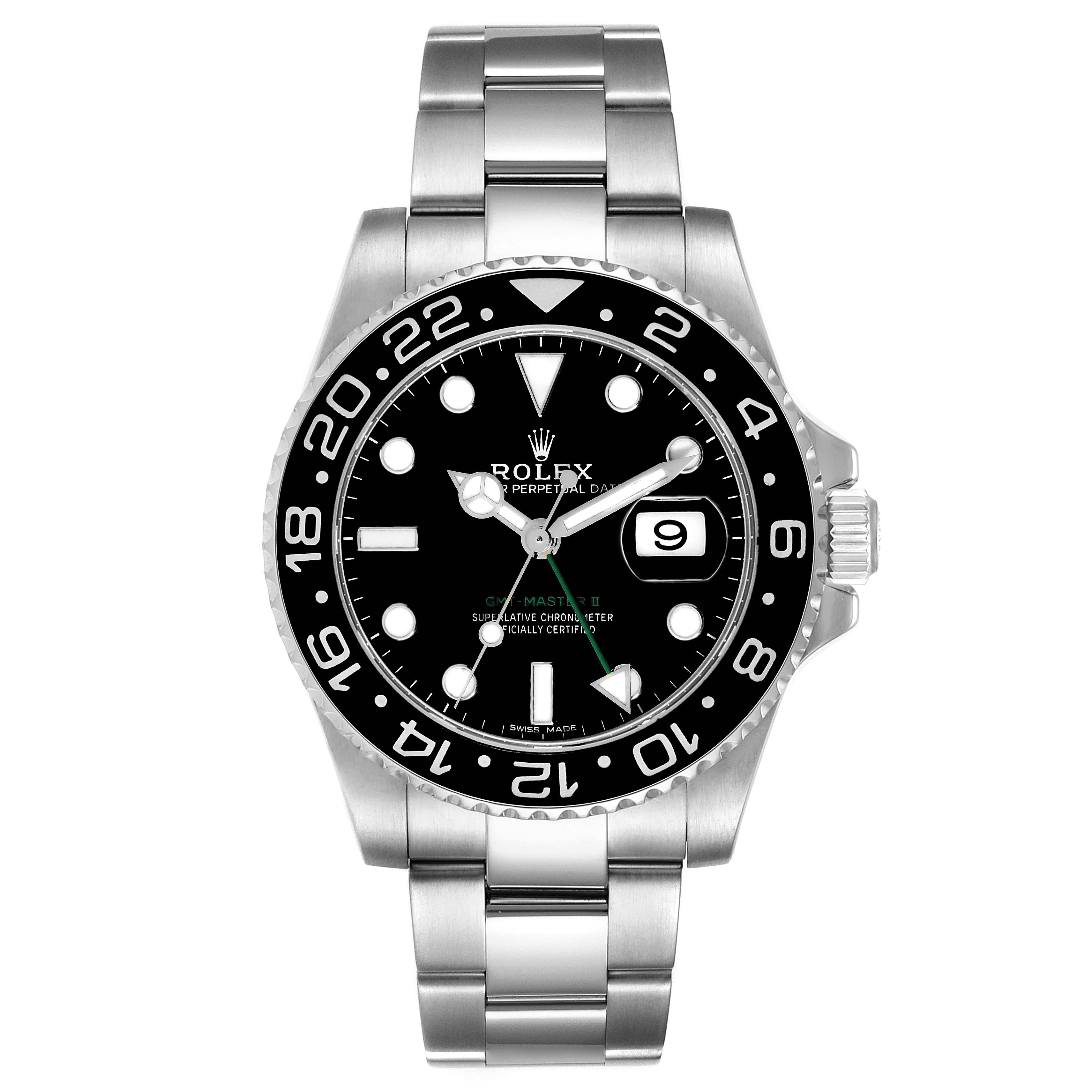 This image shows a front view of a Rolex GMT-Master 116710 Men's Stainless Steel Black Dial 116710 Men's Stainless Steel Black Dial watch displaying the dial, bezel, and bracelet.