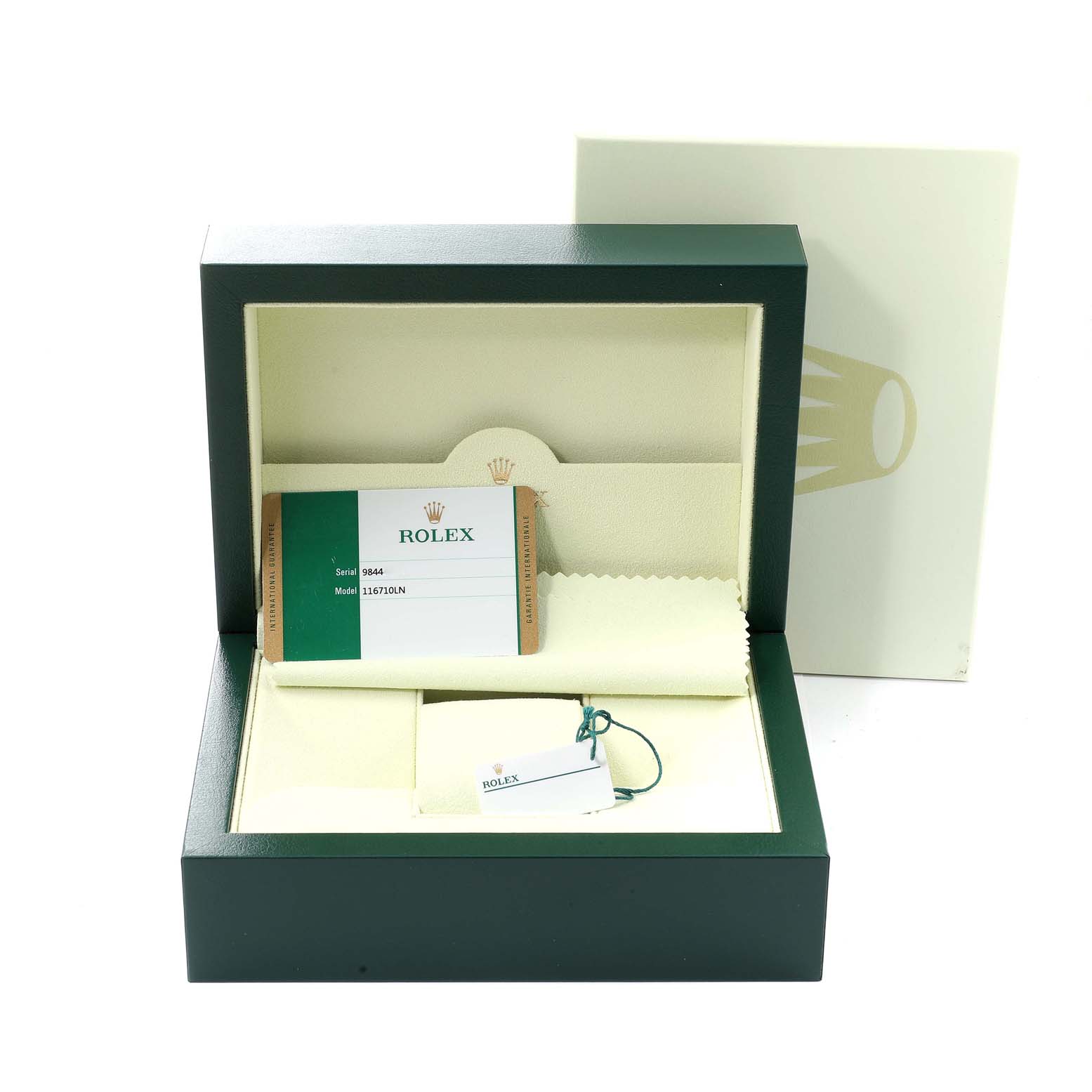 The image shows the open box with accessories for a Rolex GMT-Master 116710 Men's Stainless Steel Black Dial 116710 Men's Stainless Steel Black Dial watch, including the tag and warranty card.