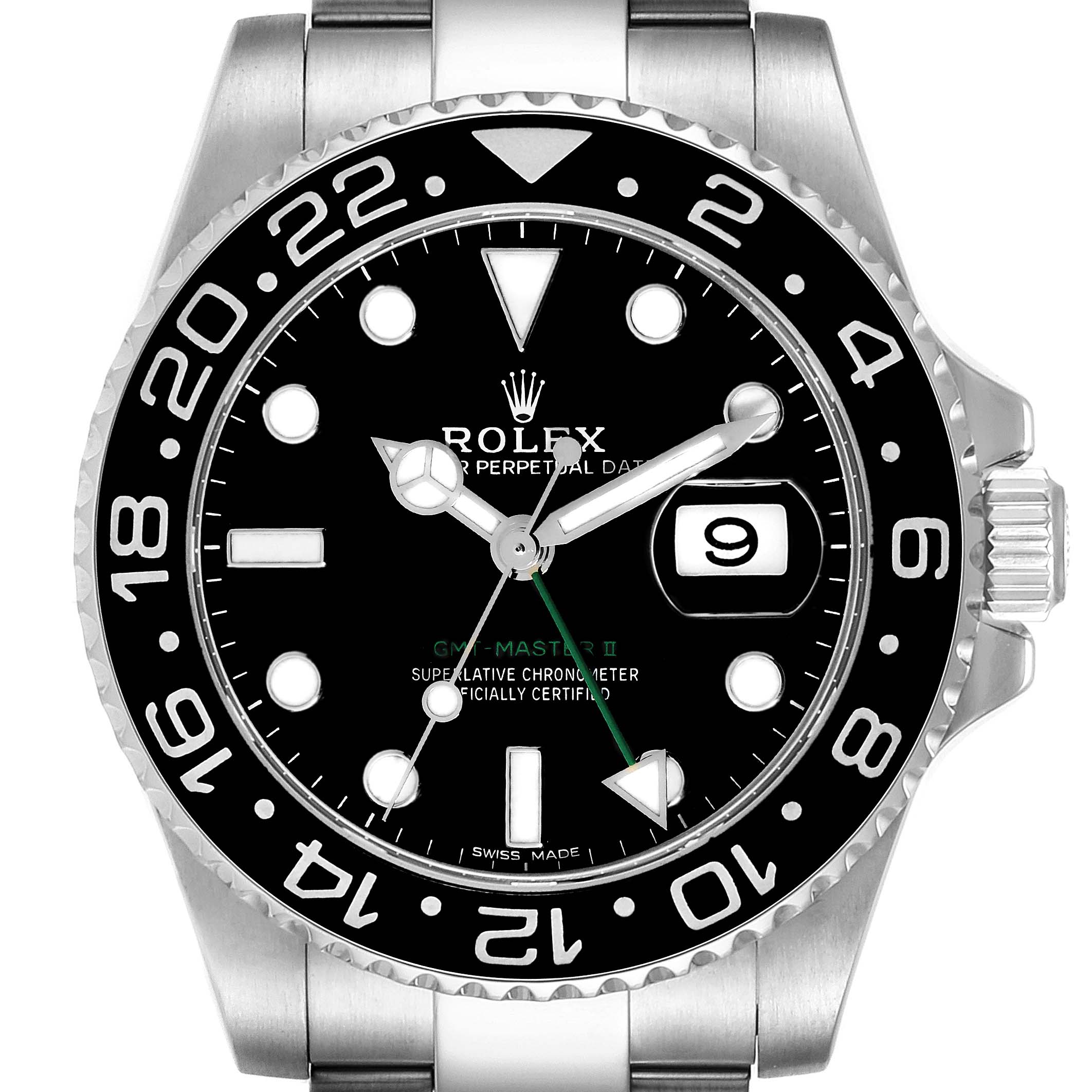 The image shows a front view of a Rolex GMT-Master 116710 Men's Stainless Steel Black Dial 116710 Men's Stainless Steel Black Dial II watch, displaying its dial, bezel, and part of the bracelet.