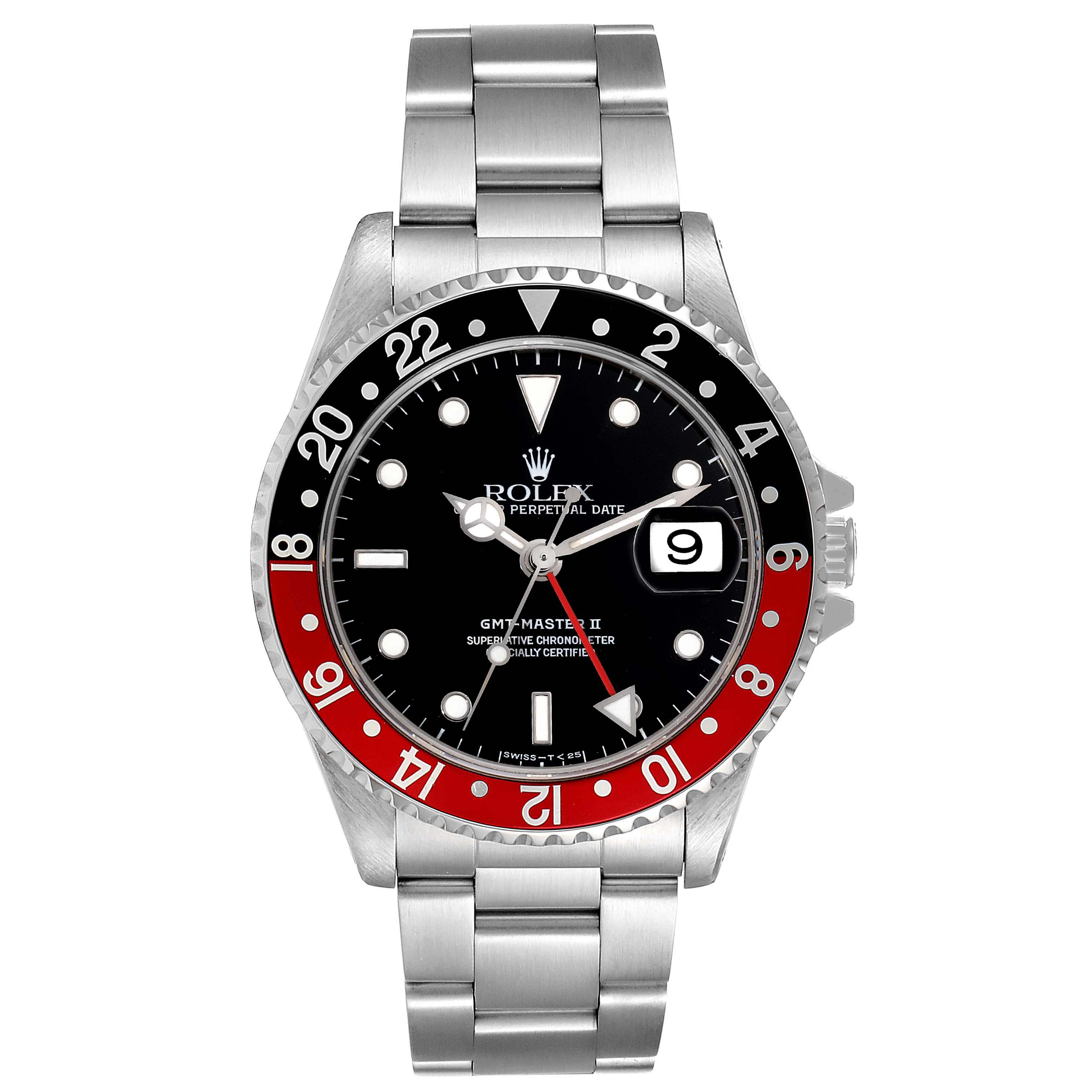 The image shows a front view of a Rolex GMT-Master 16710 Men
s Stainless Steel Black Dial 16710 Men
s Stainless Steel Black Dial II watch, displaying its dial, bezel, date window, and bracelet.