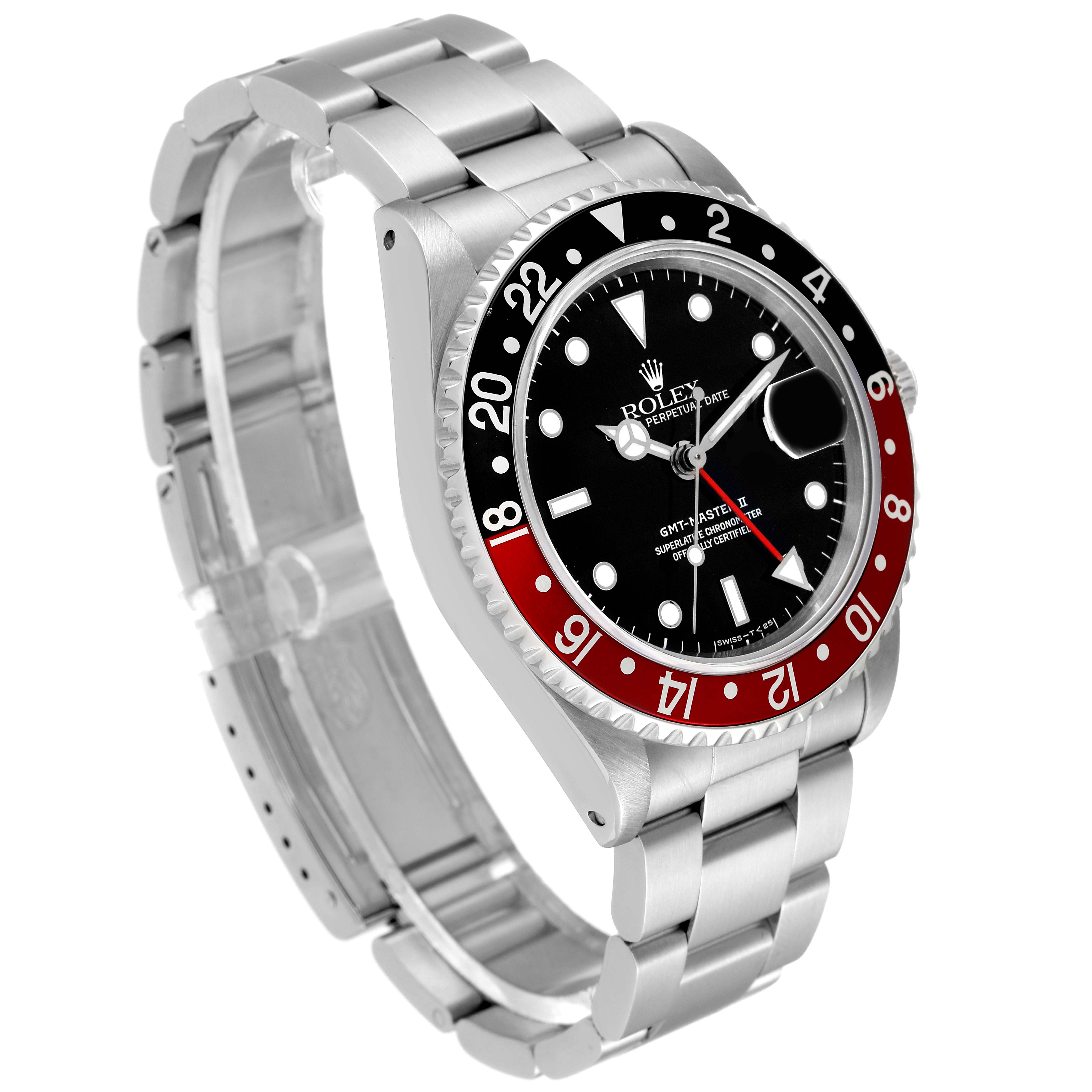 The Rolex GMT-Master 16710 Men
s Stainless Steel Black Dial 16710 Men
s Stainless Steel Black Dial watch is shown at a three-quarter angle, displaying the bezel, dial, and stainless steel bracelet.