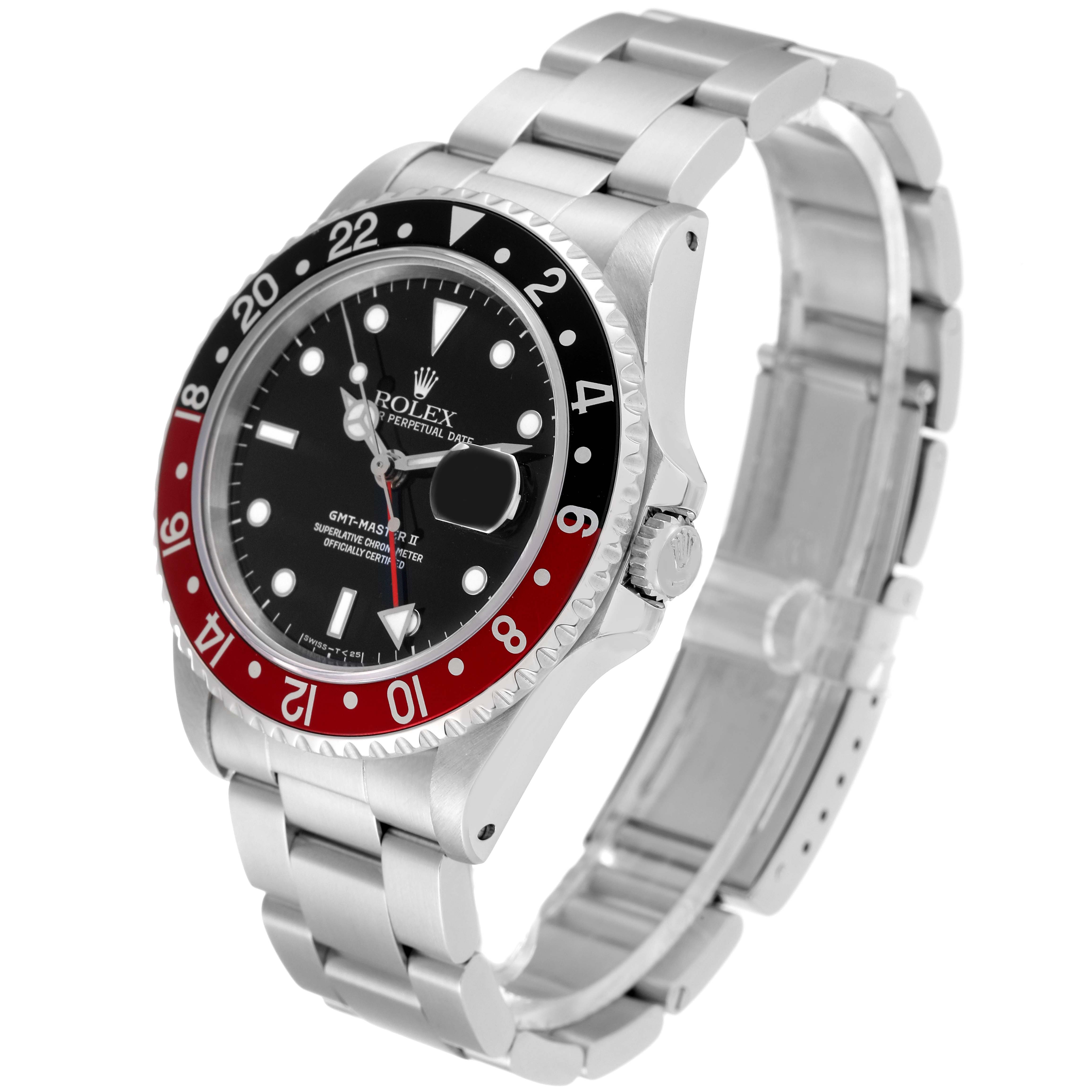 This Rolex GMT-Master 16710 Men
s Stainless Steel Black Dial 16710 Men
s Stainless Steel Black Dial watch is shown at a three-quarter angle, highlighting the face, bezel, and bracelet.