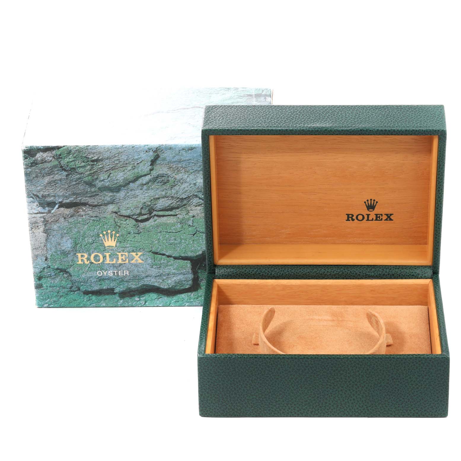 The image shows an empty green and wooden Rolex GMT-Master 16710 Men
s Stainless Steel Black Dial 16710 Men
s Stainless Steel Black Dial watch box and protective cushion with the lid open.