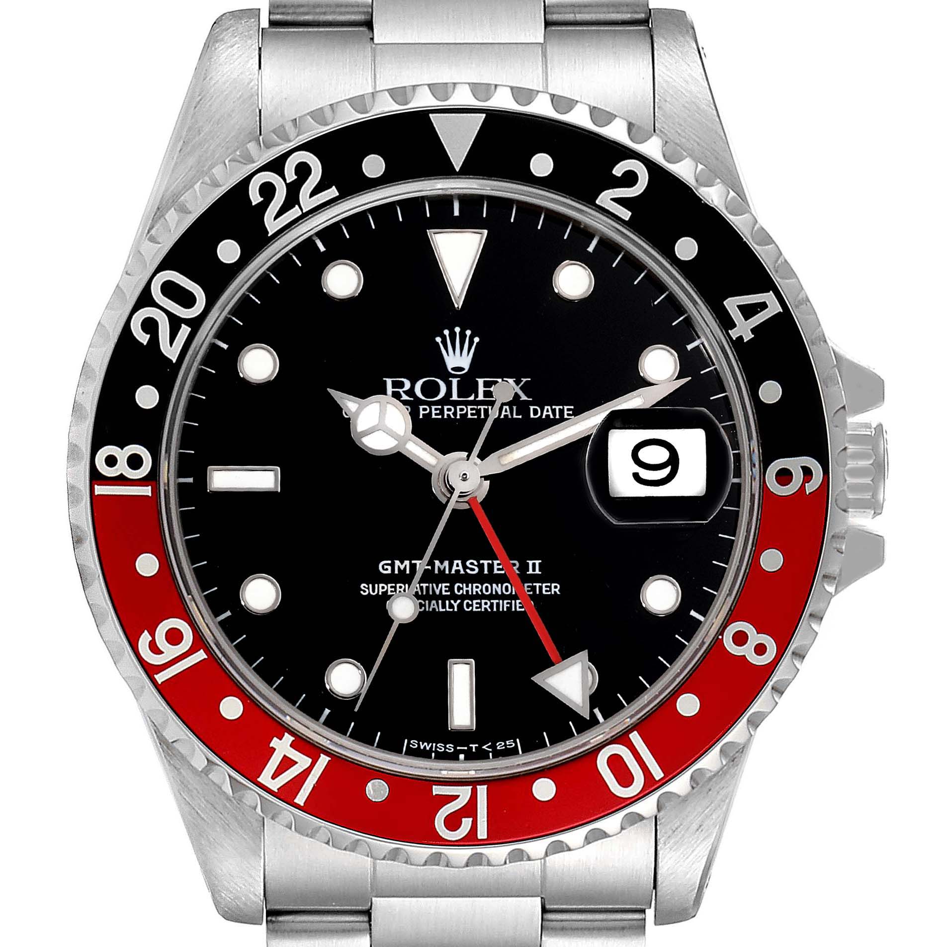 The Rolex GMT-Master 16710 Men
s Stainless Steel Black Dial 16710 Men
s Stainless Steel Black Dial II watch is shown from a frontal angle, displaying its dial, bezel, bracelet, crown, and date window.