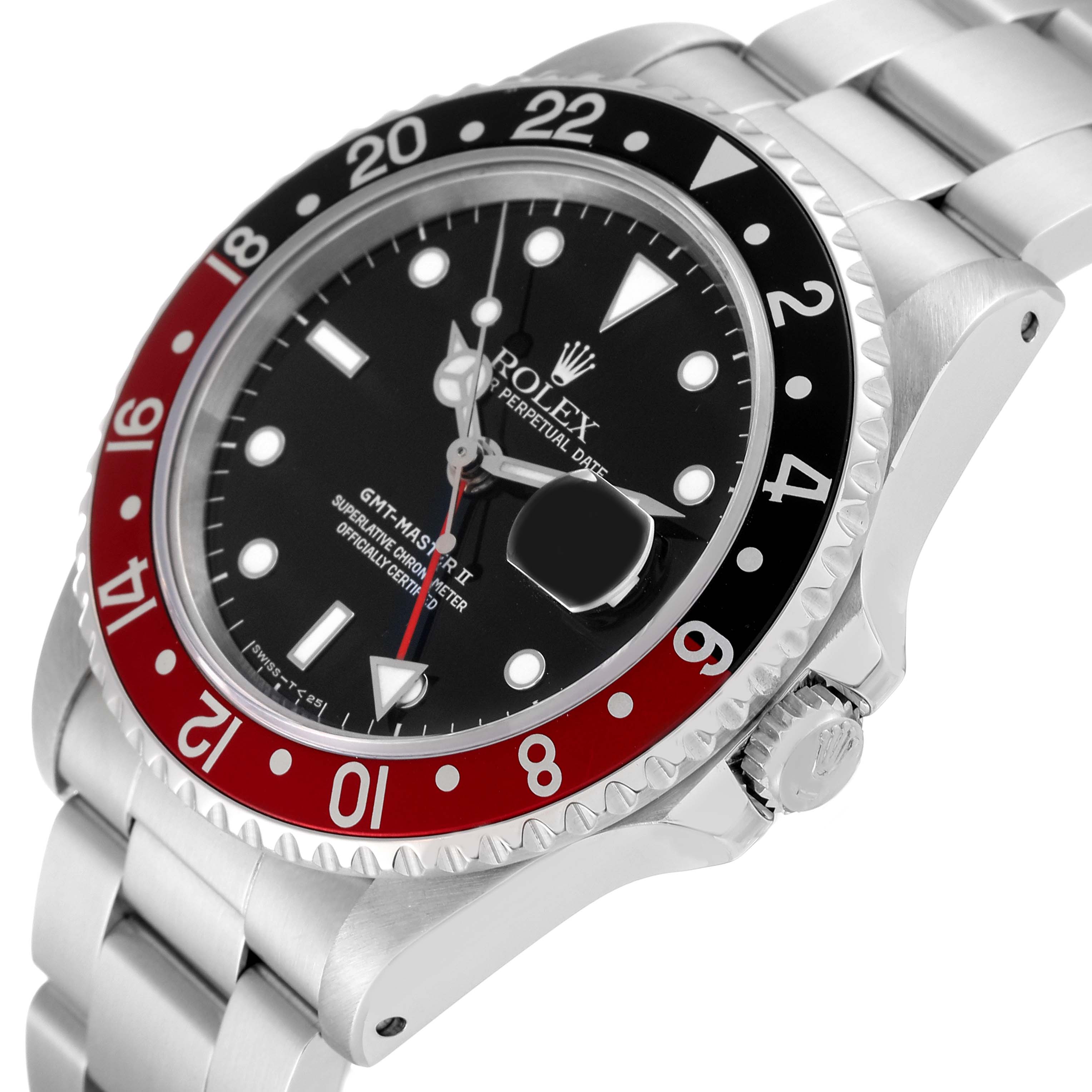 The image shows a close-up angled view of the Rolex GMT-Master 16710 Men
s Stainless Steel Black Dial 16710 Men
s Stainless Steel Black Dial II watch, highlighting its bezel, dial, bracelet, and crown.