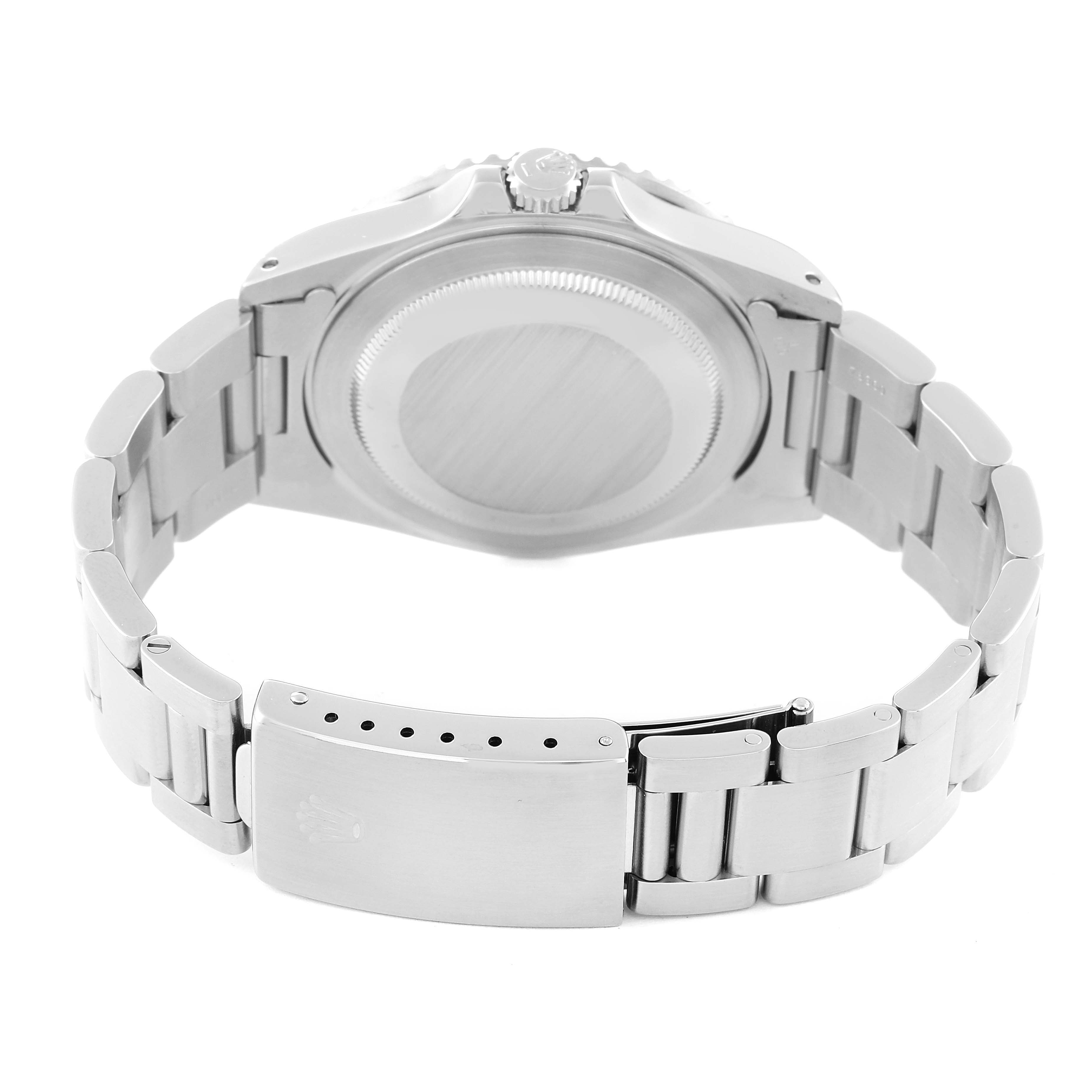 The image shows the back view of a Rolex GMT-Master 16710 Men
s Stainless Steel Black Dial 16710 Men
s Stainless Steel Black Dial watch, displaying the case back and stainless steel bracelet.