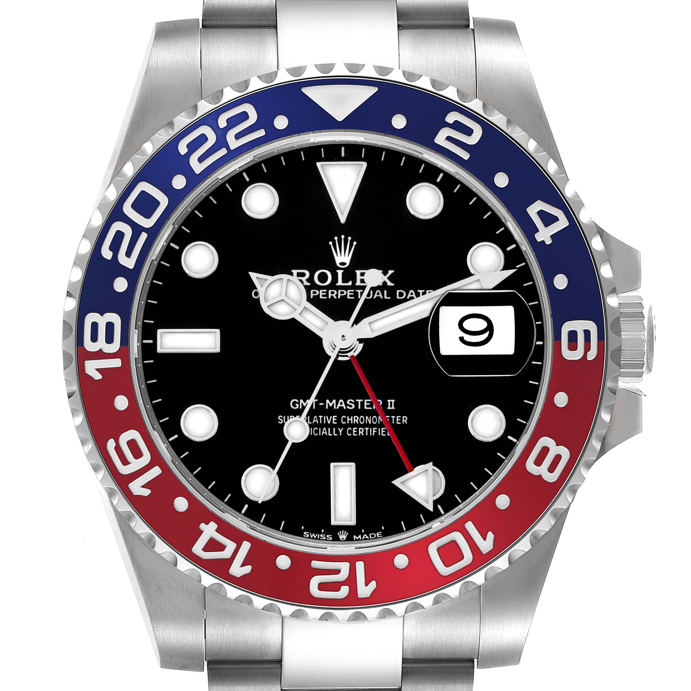 The image shows a front view of the Rolex GMT-Master 126710 Men
s Stainless Steel Black Dial II with a red and blue bezel and a cyclops date window.