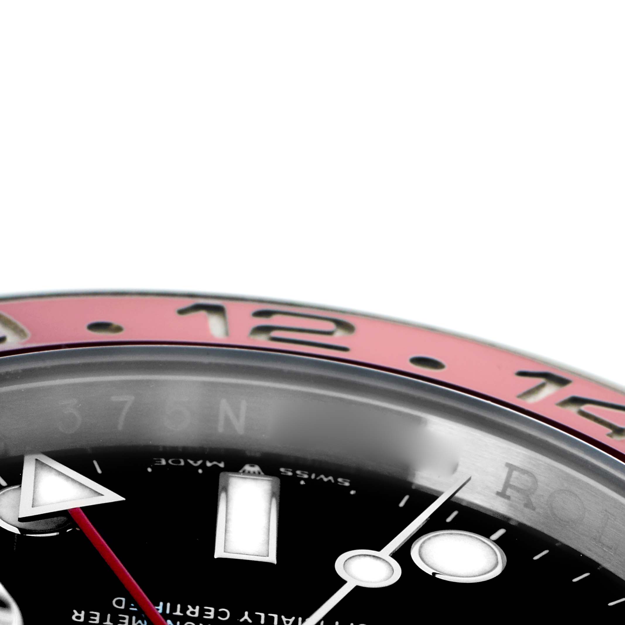 The image shows a close-up of the Rolex GMT-Master 126710 Men
s Stainless Steel Black Dial watch bezel with hour markers and part of the dial.
