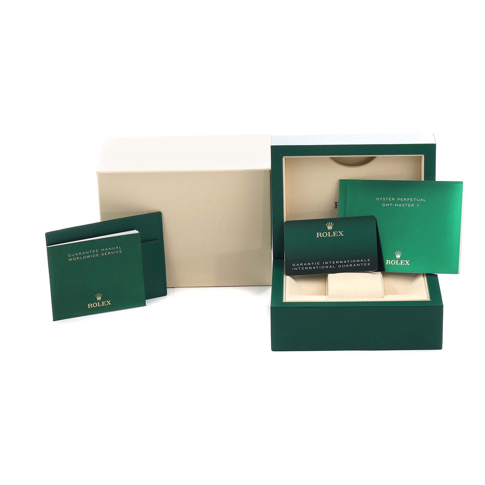 The image shows open packaging for a Rolex GMT-Master 126710 Men
s Stainless Steel Black Dial watch with manuals and a guarantee card.