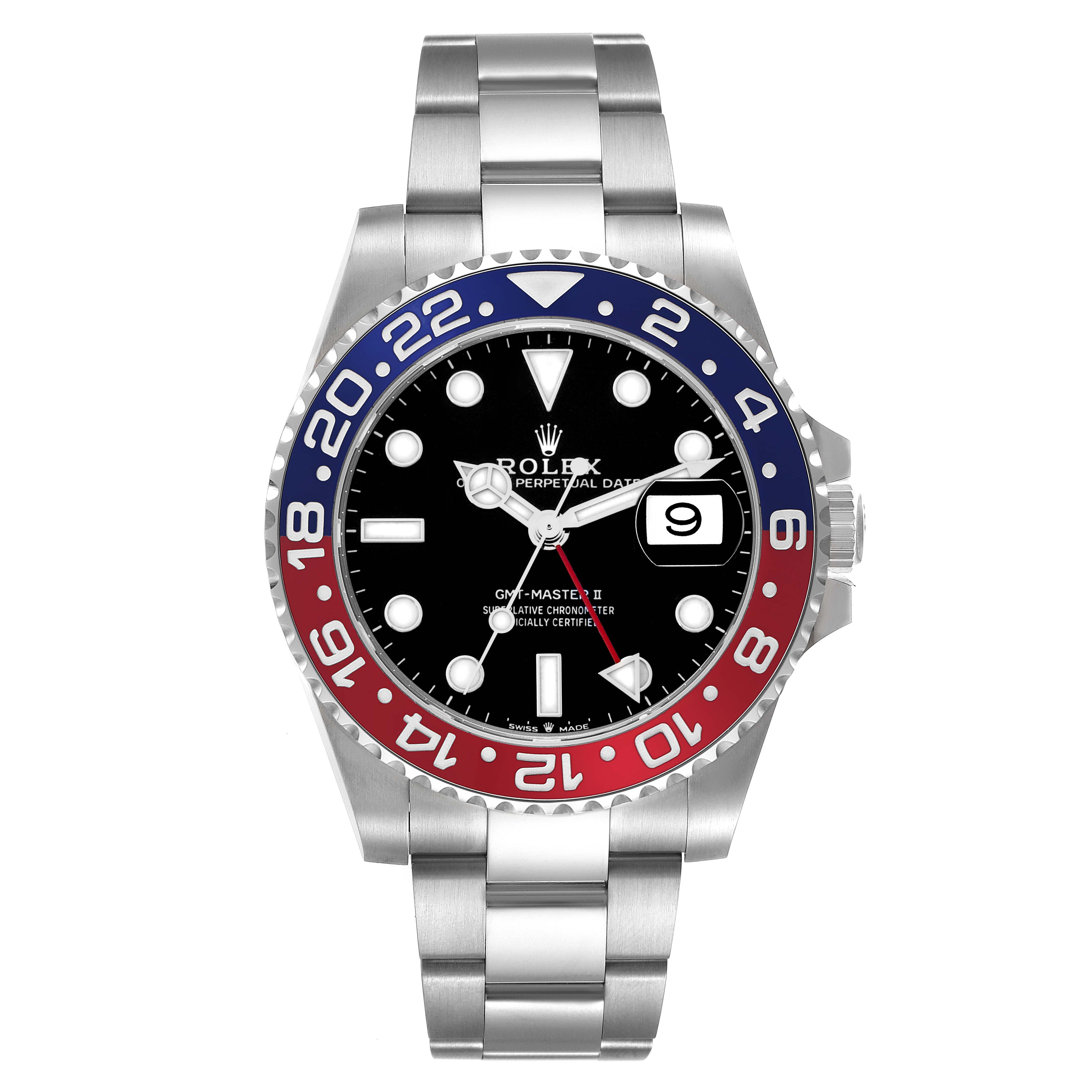 The Rolex GMT-Master 126710 Men
s Stainless Steel Black Dial watch is shown from the front, highlighting the bezel, dial, crown, and bracelet.