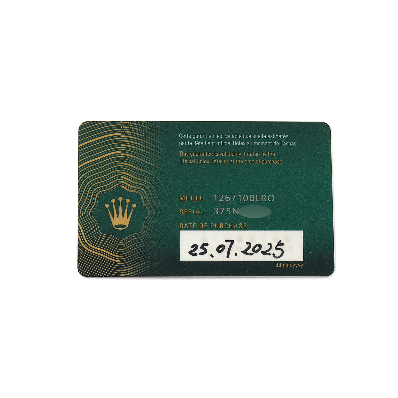 This image shows a warranty card for a Rolex GMT-Master 126710 Men
s Stainless Steel Black Dial model 126710BLRO.