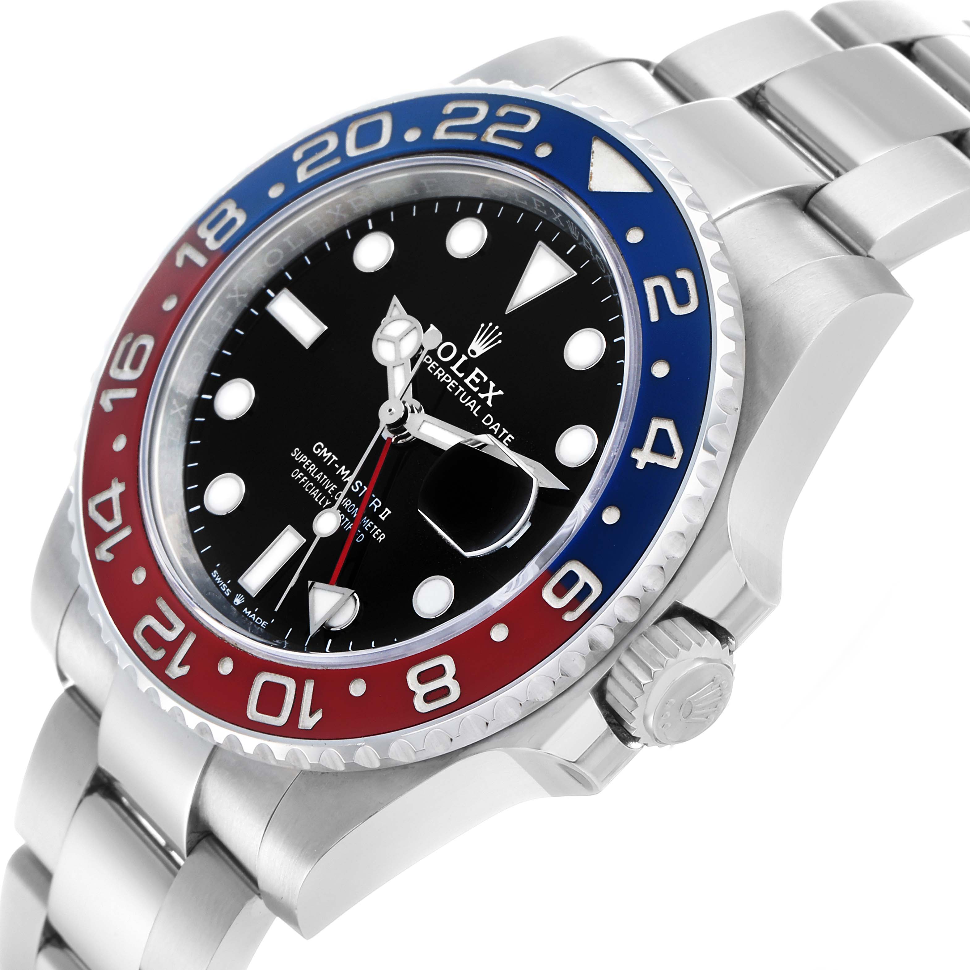 The Rolex GMT-Master 126710 Men
s Stainless Steel Black Dial watch is shown at an angled side view, displaying its bezel, dial, crown, and bracelet.