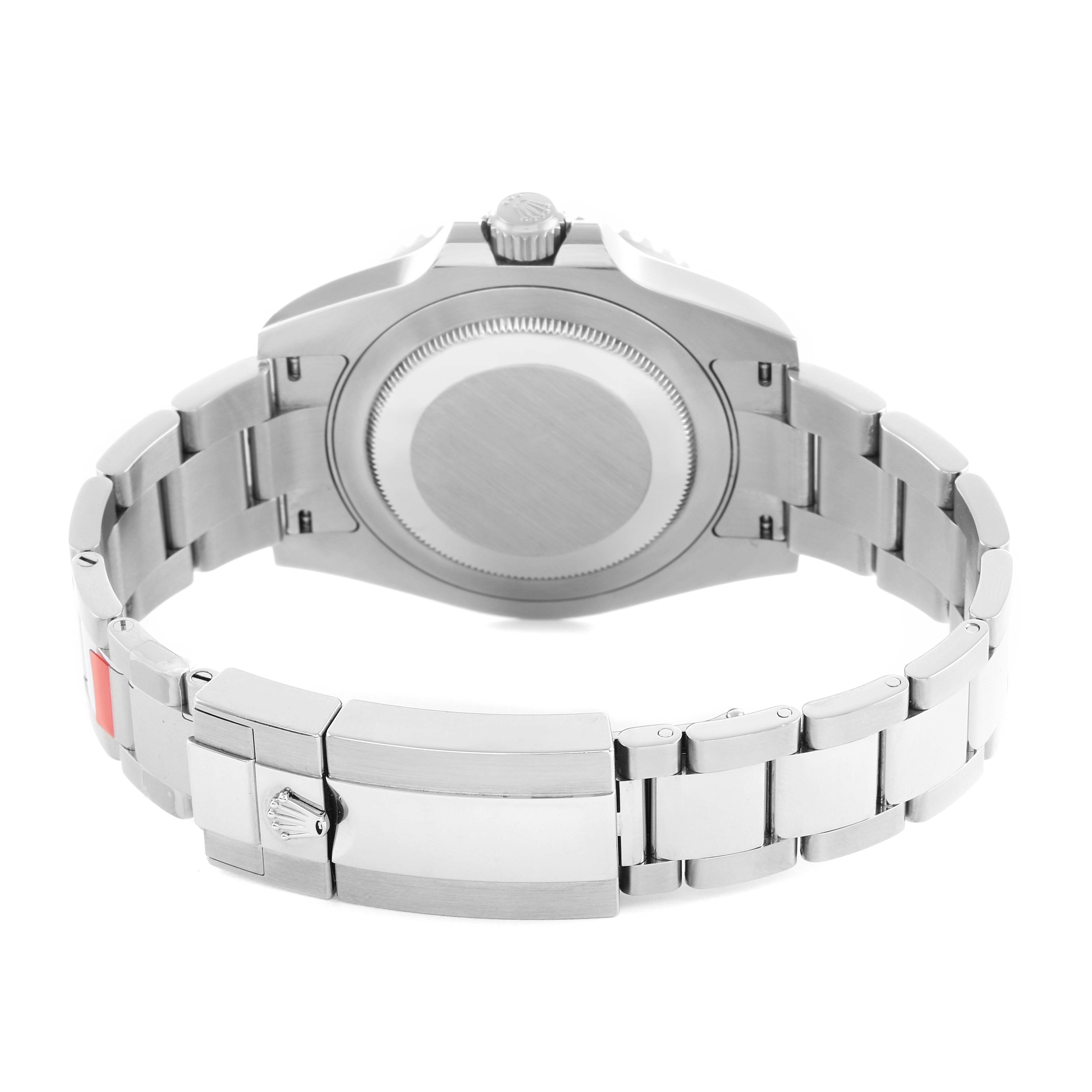 The image shows the back of the Rolex GMT-Master 126710 Men
s Stainless Steel Black Dial watch, highlighting the case back and clasp from a straight rear view.