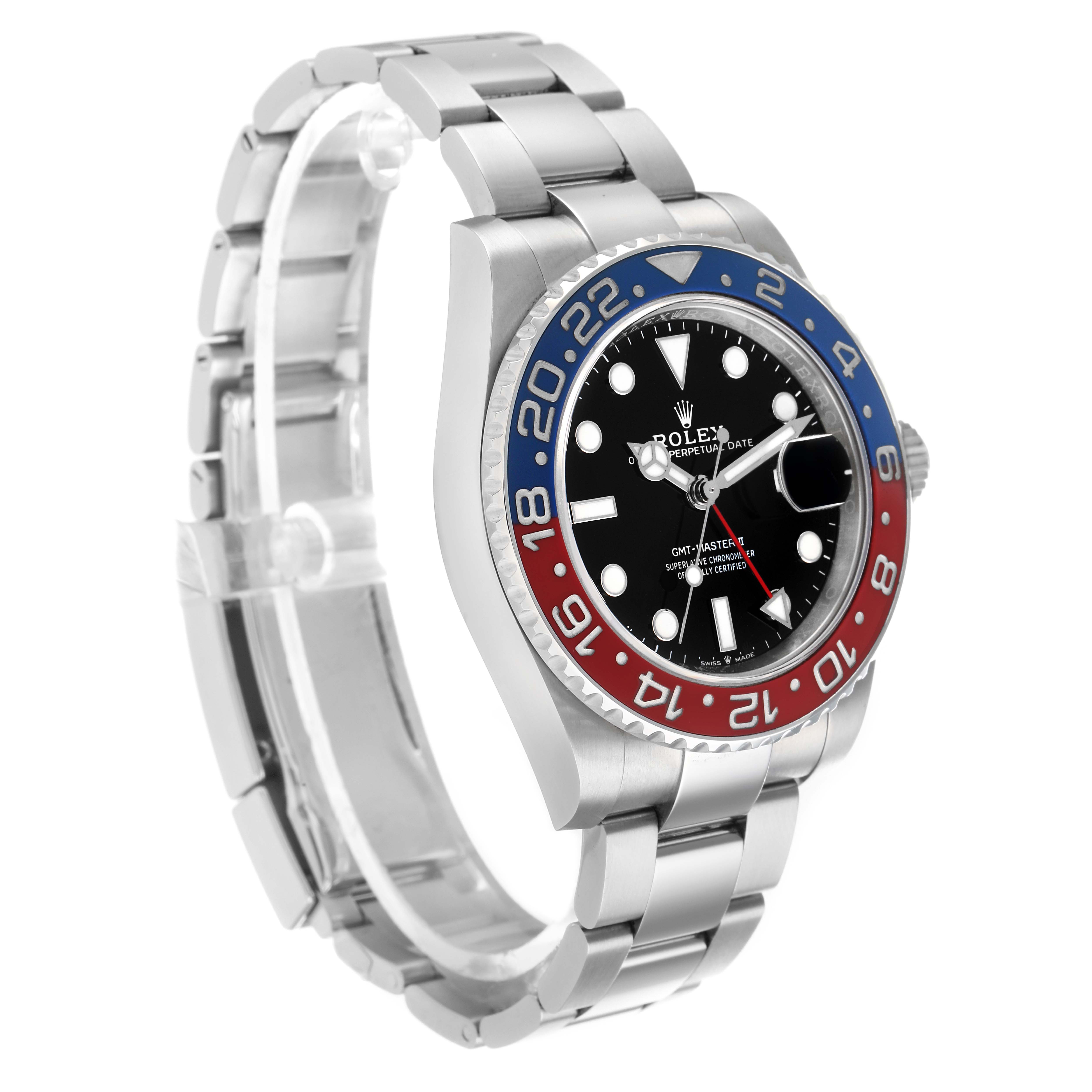The Rolex GMT-Master 126710 Men
s Stainless Steel Black Dial watch is shown at a three-quarter angle, highlighting the dial, bezel, and bracelet.