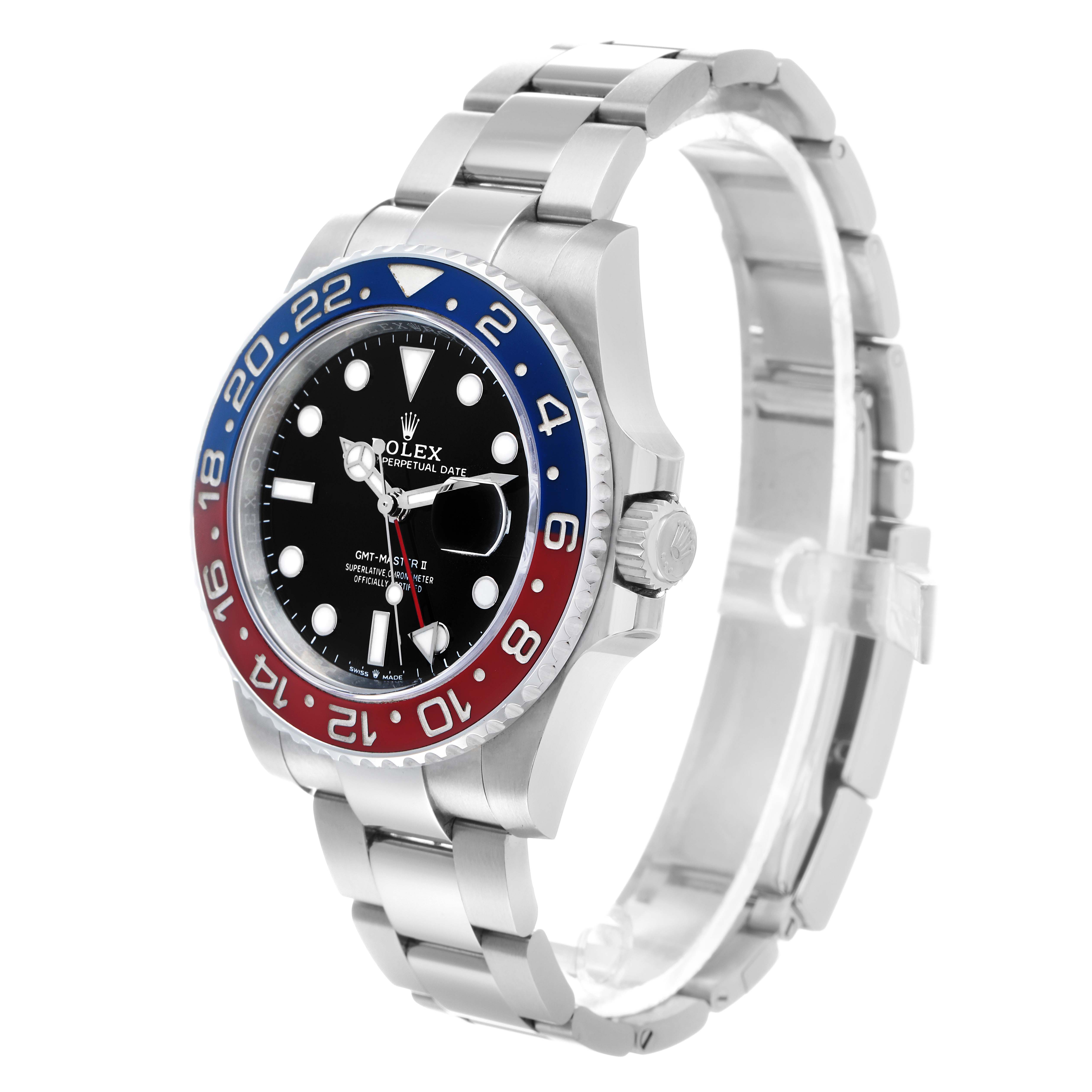The Rolex GMT-Master 126710 Men
s Stainless Steel Black Dial watch is shown at a slight angle, displaying its dial, bezel, crown, and bracelet.