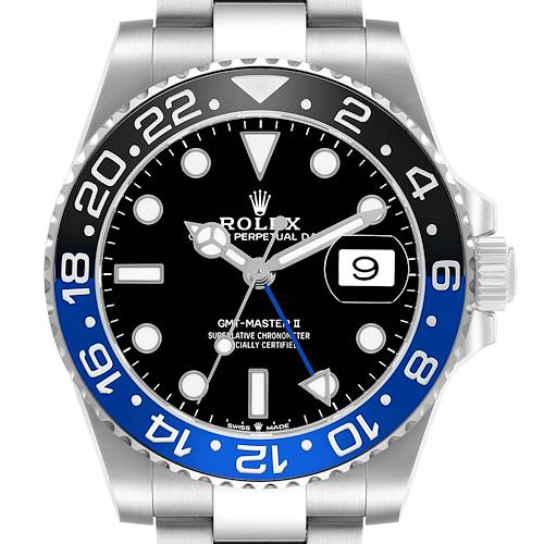 The Rolex GMT-Master M126710BLNR-0003 Men's Stainless Steel Black Dial II watch is shown from a front view, highlighting its bezel, dial, hands, and crown.