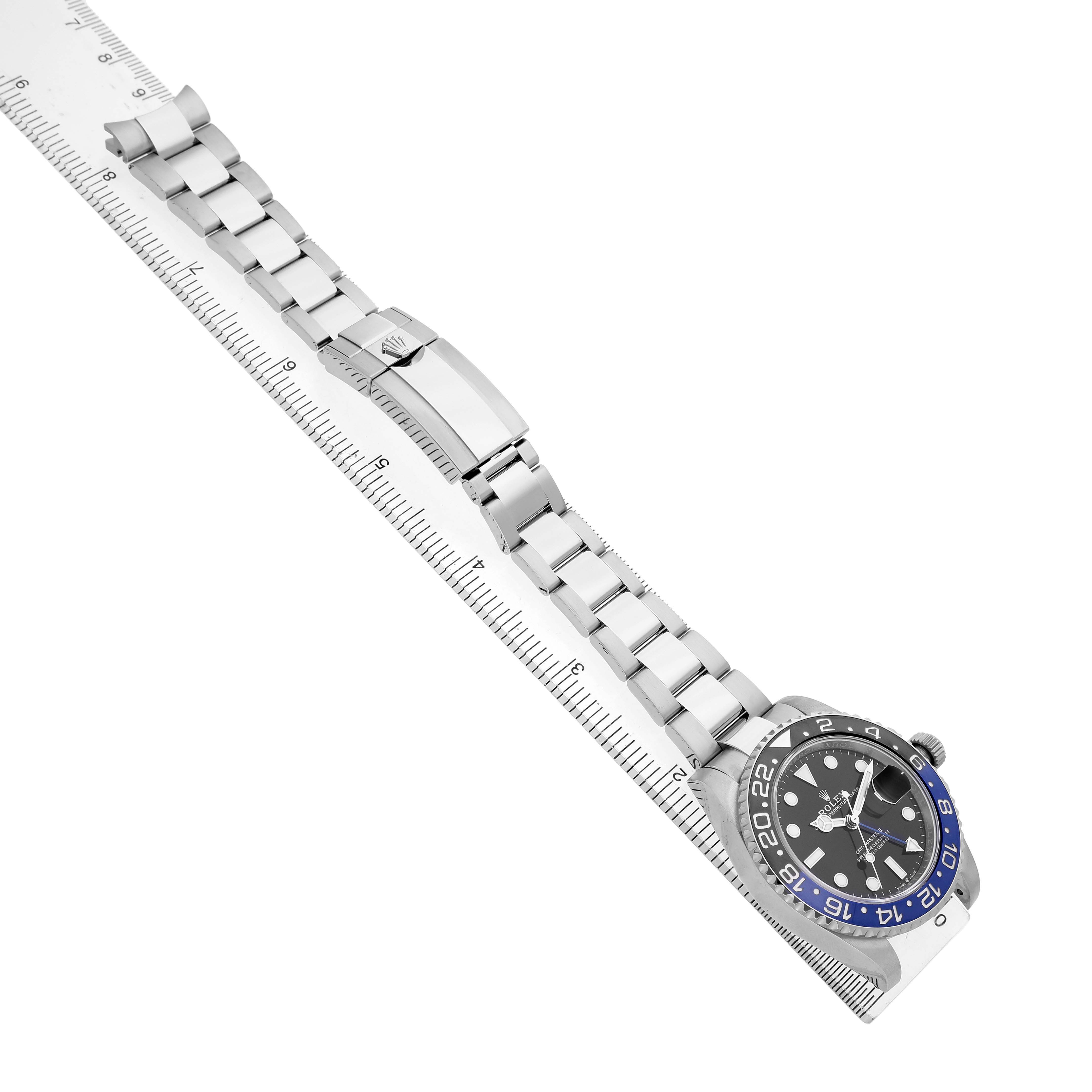 The Rolex GMT-Master M126710BLNR-0003 Men's Stainless Steel Black Dial watch is shown at a diagonal angle, highlighting the bracelet and bezel.