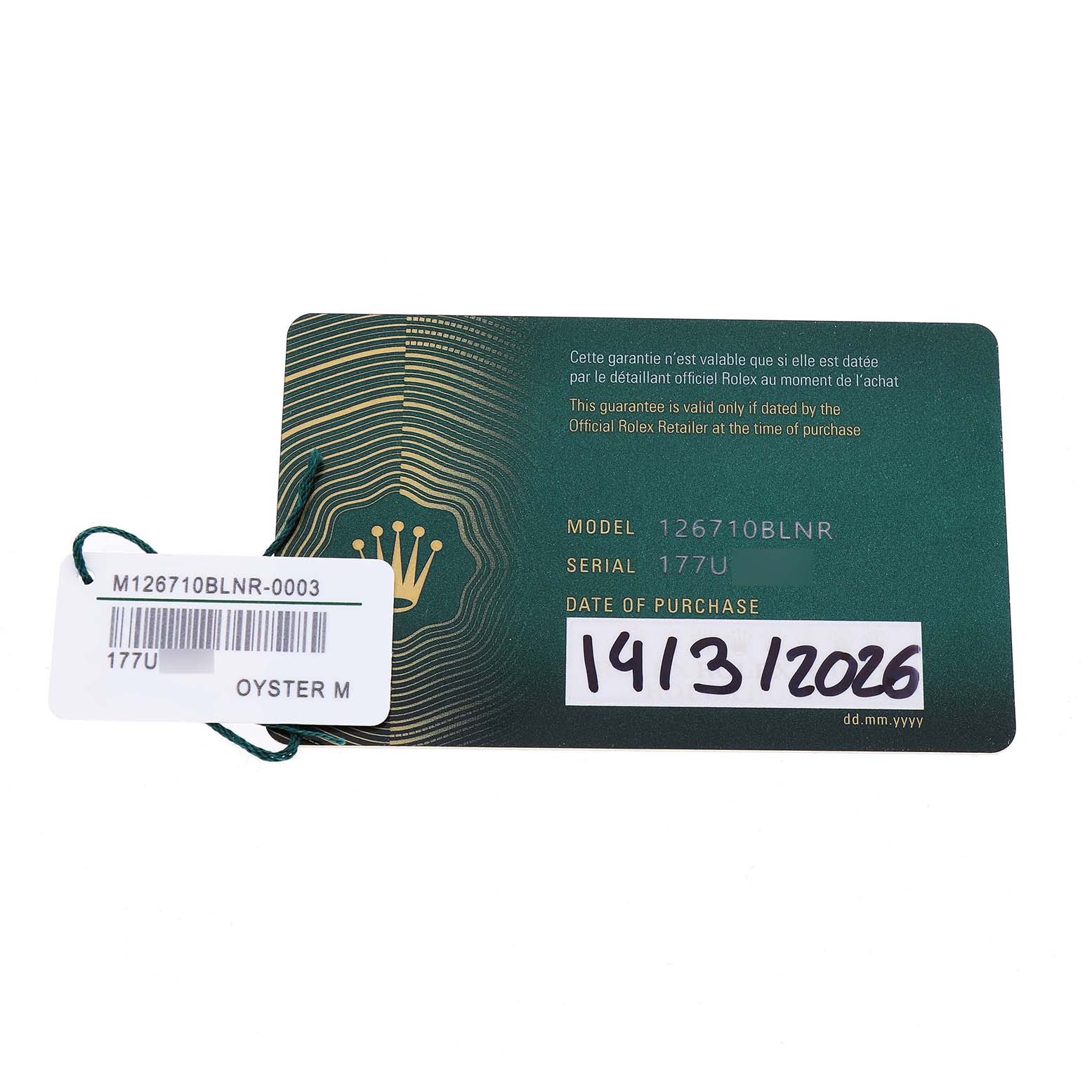 The image shows a warranty card and tag for the Rolex GMT-Master M126710BLNR-0003 Men's Stainless Steel Black Dial model 126710BLNR.