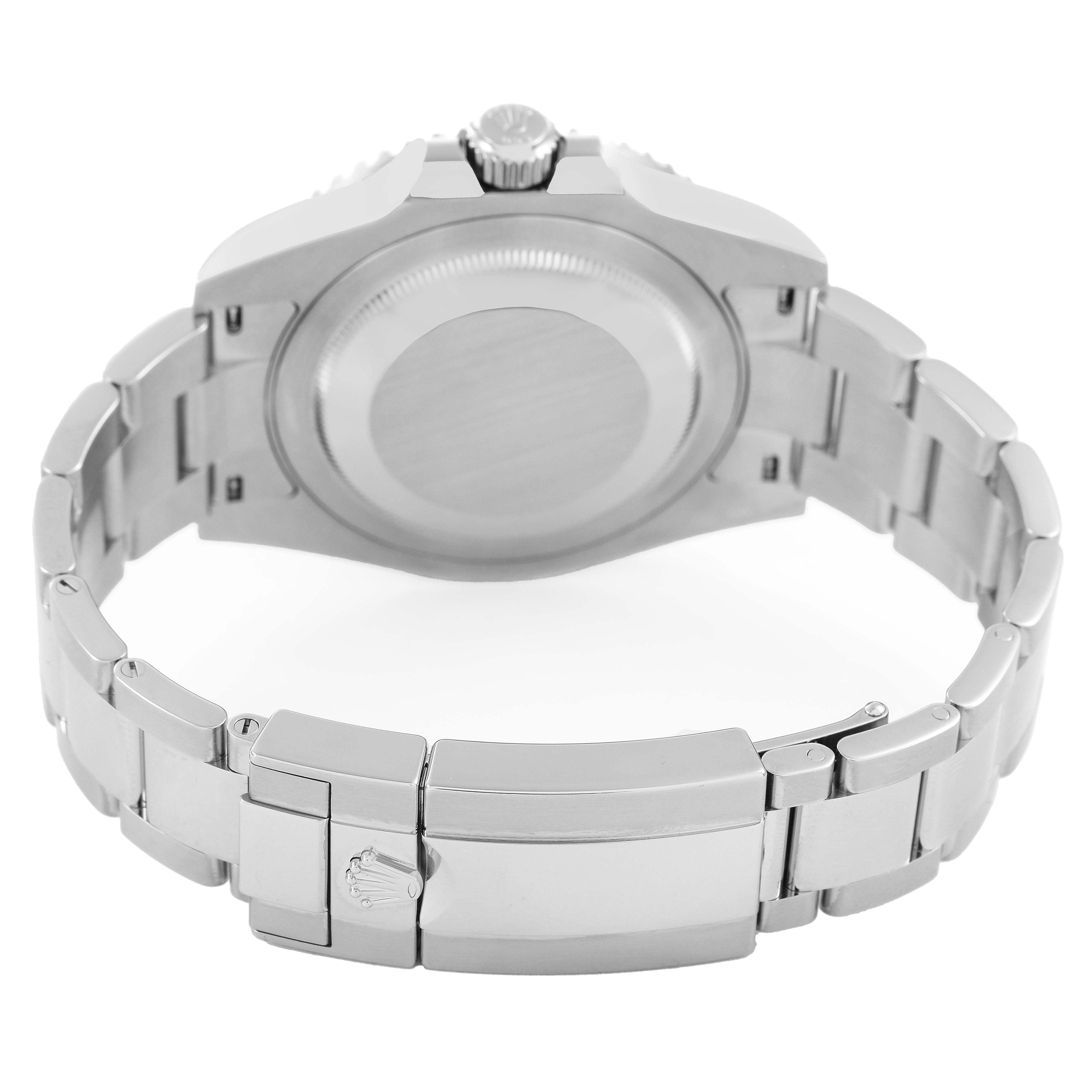The image shows the back and clasp of a Rolex GMT-Master M126710BLNR-0003 Men's Stainless Steel Black Dial watch, highlighting the bracelet and case back.