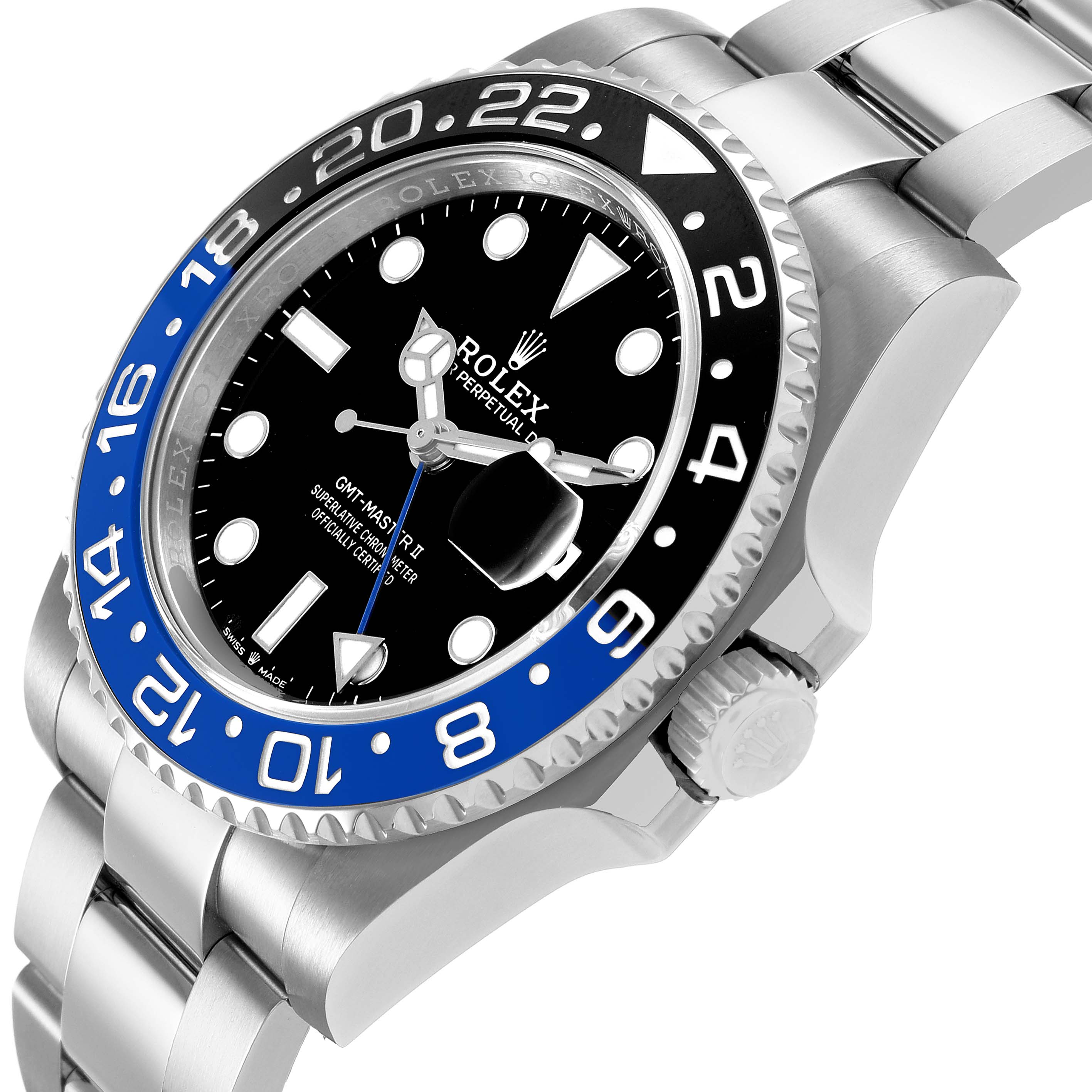 The Rolex GMT-Master M126710BLNR-0003 Men's Stainless Steel Black Dial watch is shown at an angled side view, highlighting the bezel, crown, and bracelet.