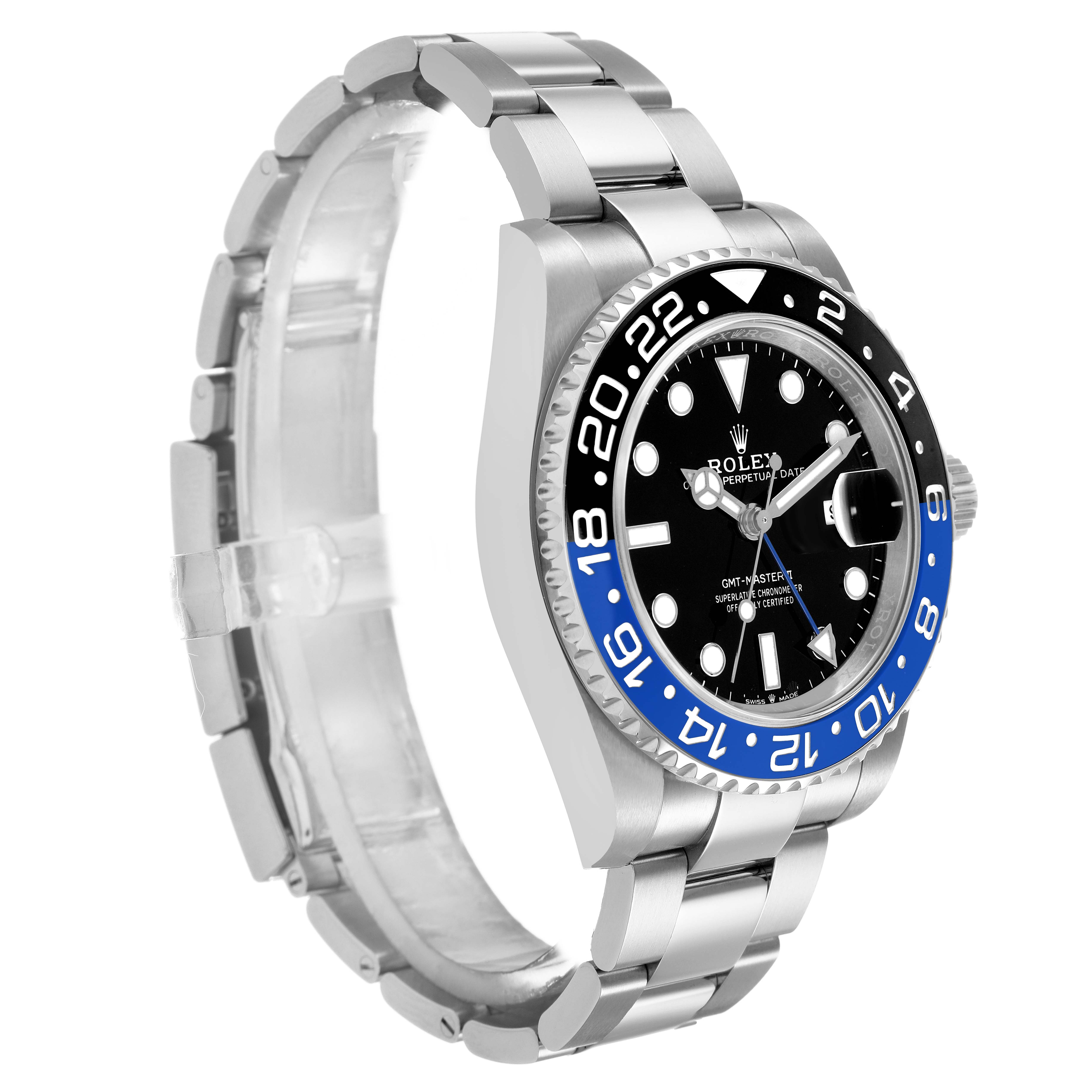 The Rolex GMT-Master M126710BLNR-0003 Men's Stainless Steel Black Dial watch is shown from a three-quarter angle, highlighting the bezel, dial, and bracelet.