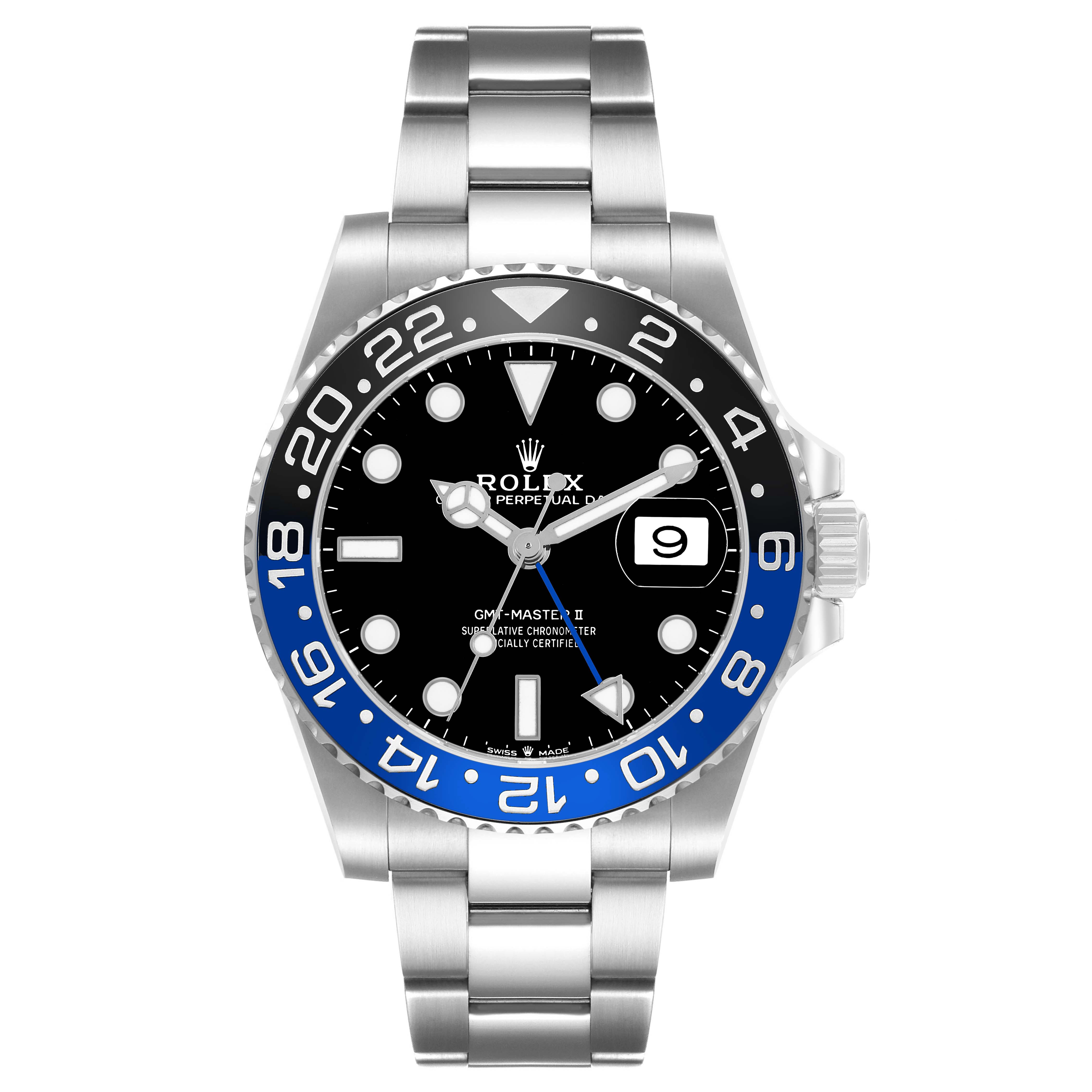 The Rolex GMT-Master M126710BLNR-0003 Men's Stainless Steel Black Dial watch is shown from a front angle, highlighting the bezel, dial, bracelet, and date window.