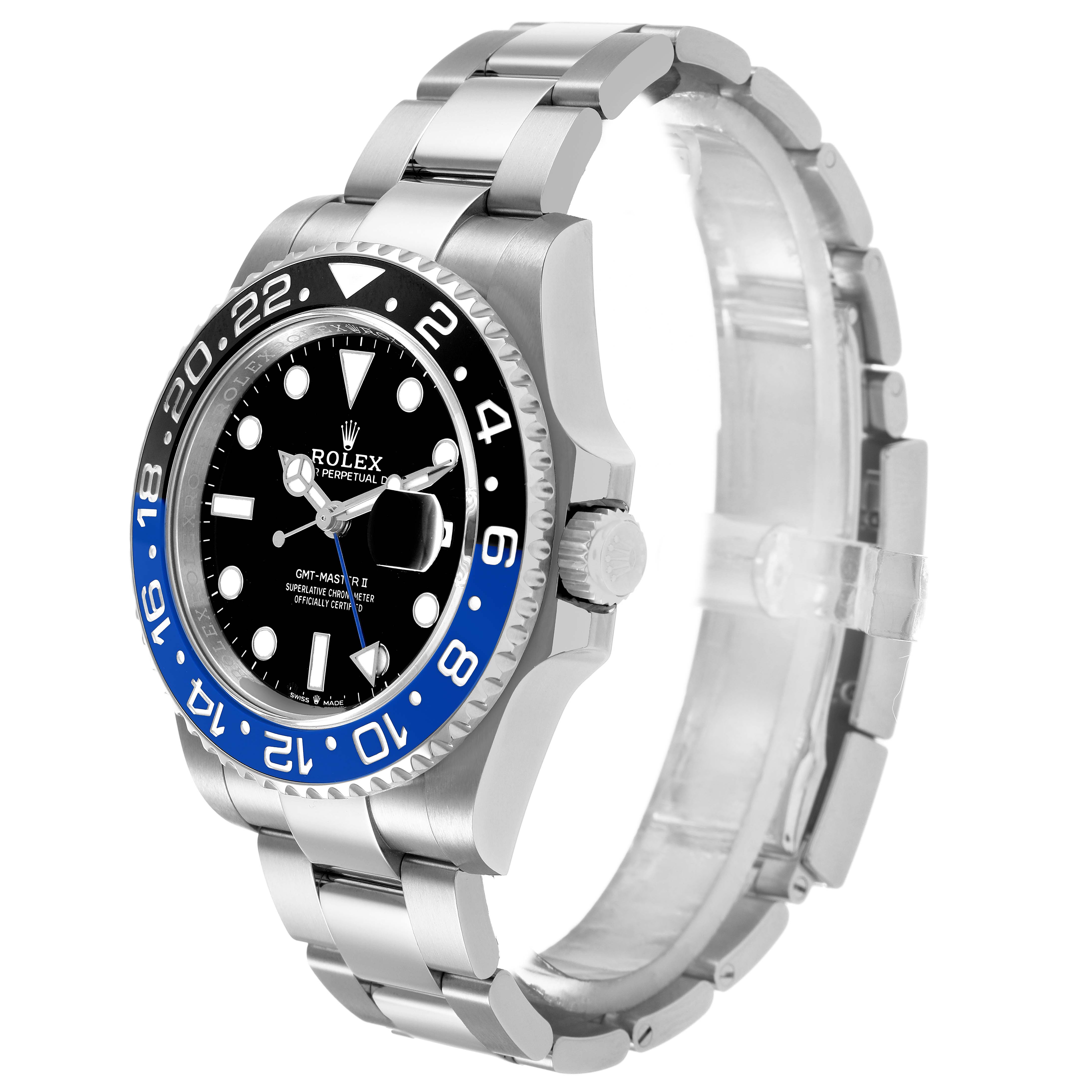 The Rolex GMT-Master M126710BLNR-0003 Men's Stainless Steel Black Dial watch is shown from a side angle, displaying the bezel, dial, crown, and bracelet.