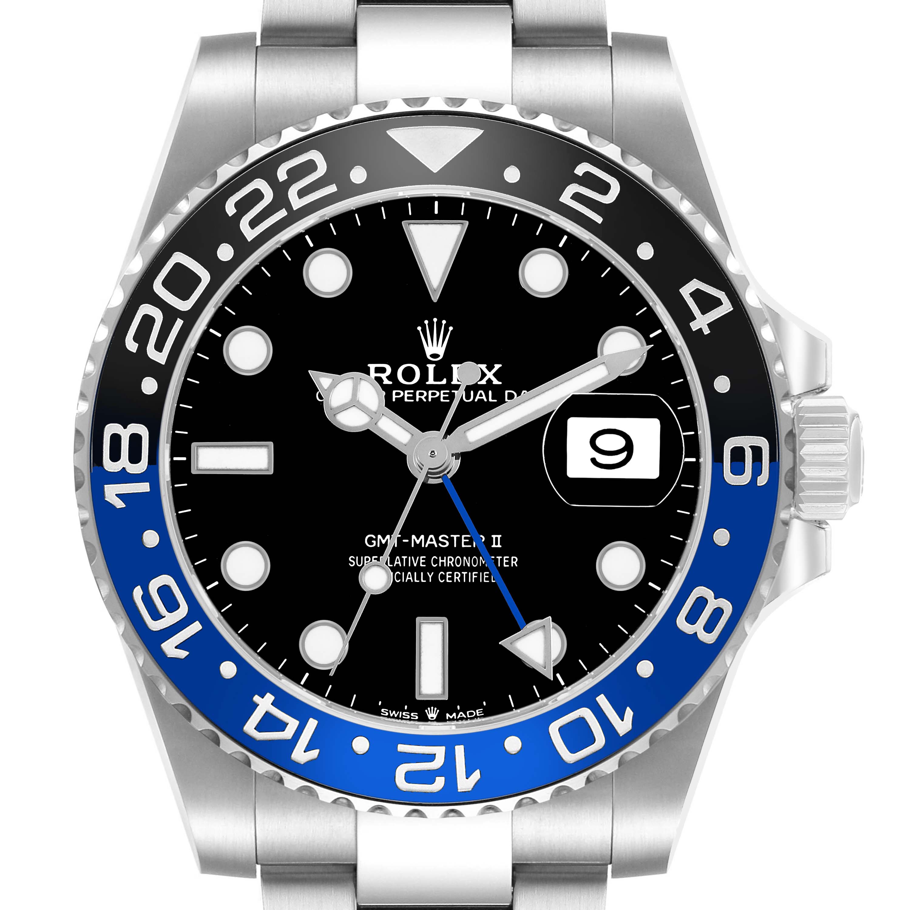 The Rolex GMT-Master M126710BLNR-0003 Men's Stainless Steel Black Dial II is shown from the front, highlighting the bezel, dial, and date window.