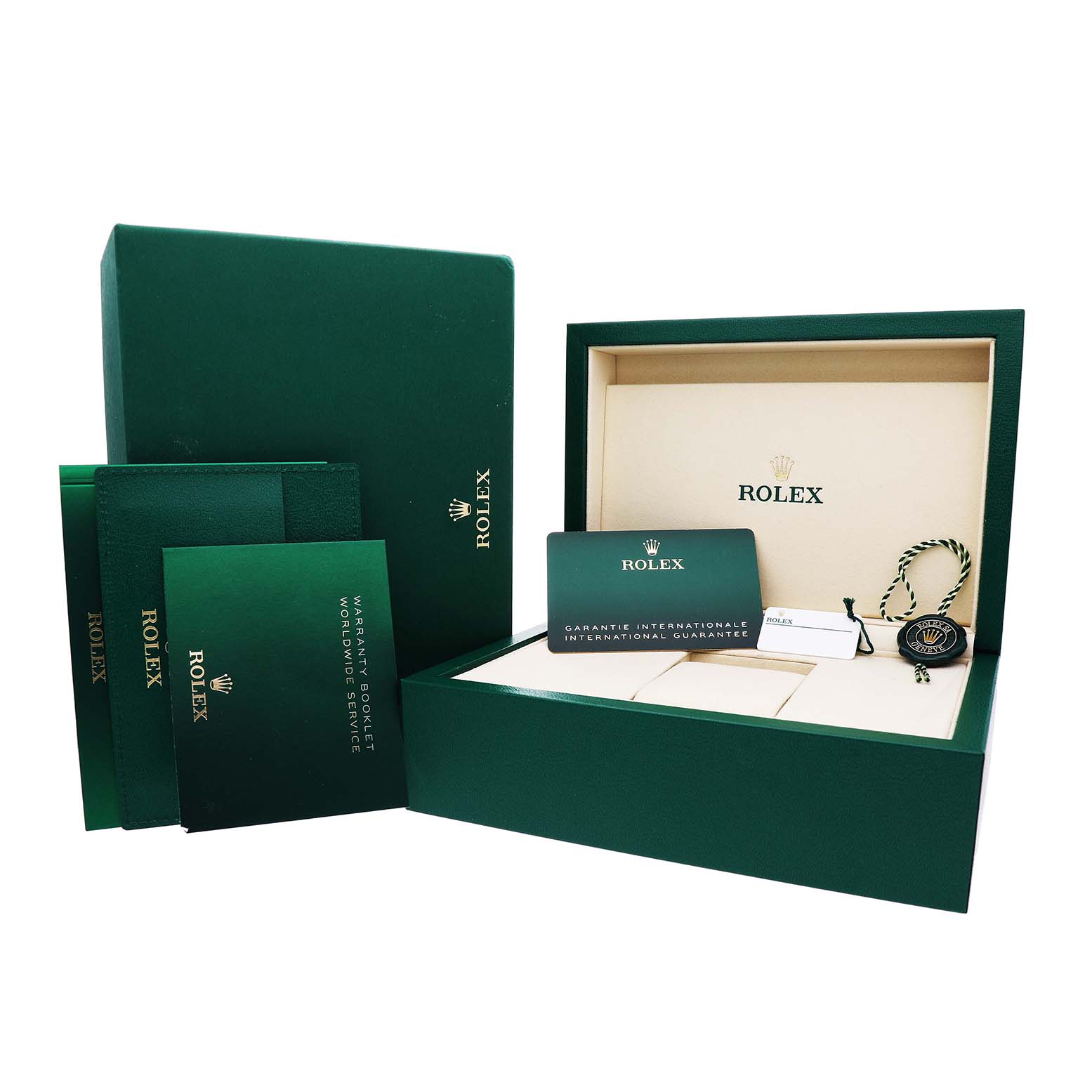 The image shows packaging and accessories for a Rolex GMT-Master M126710BLNR-0003 Men's Stainless Steel Black Dial, including boxes, booklets, and a tag.
