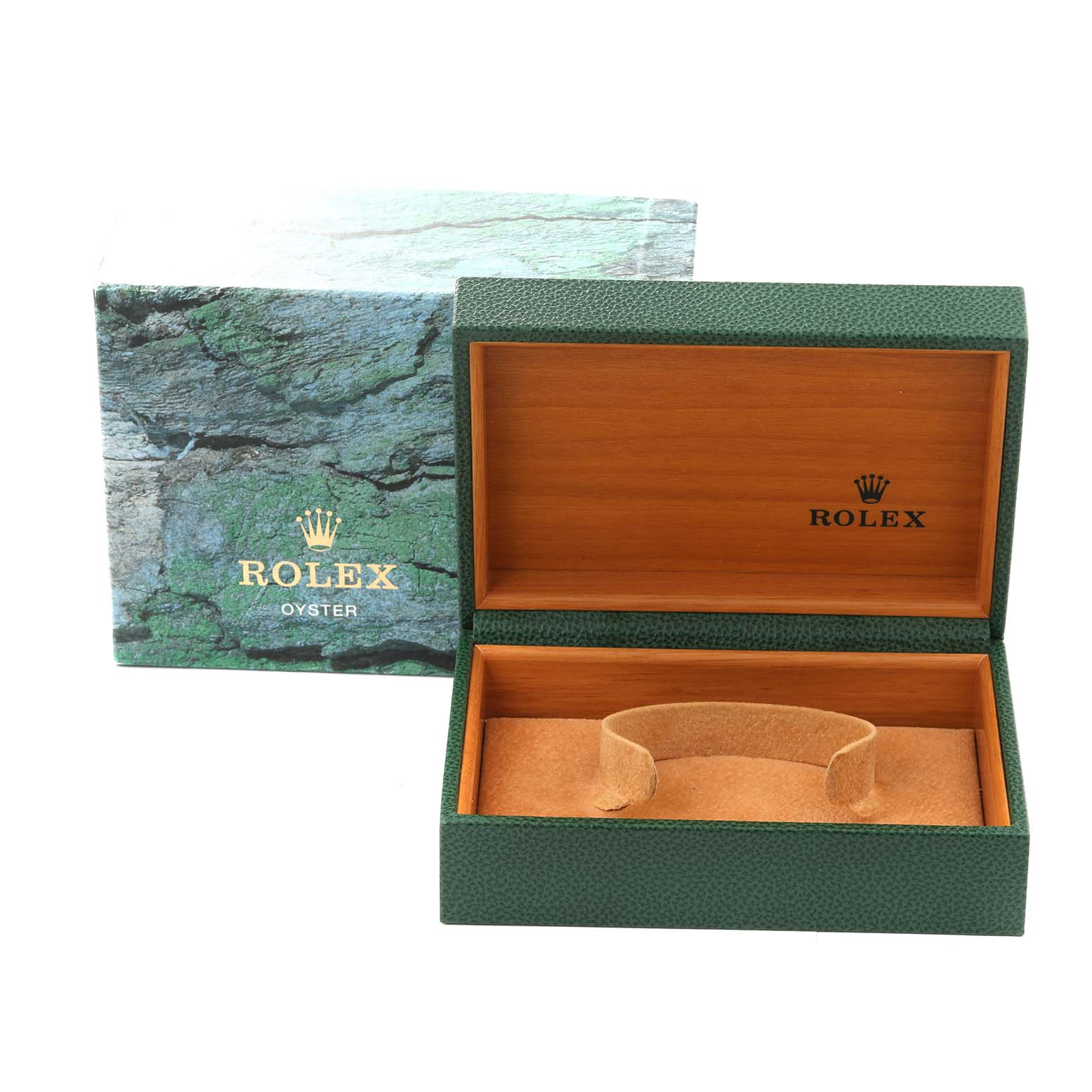 The image shows an open Rolex watch box and its outer packaging for a Mid-Size model, impressive for its wooden interior.