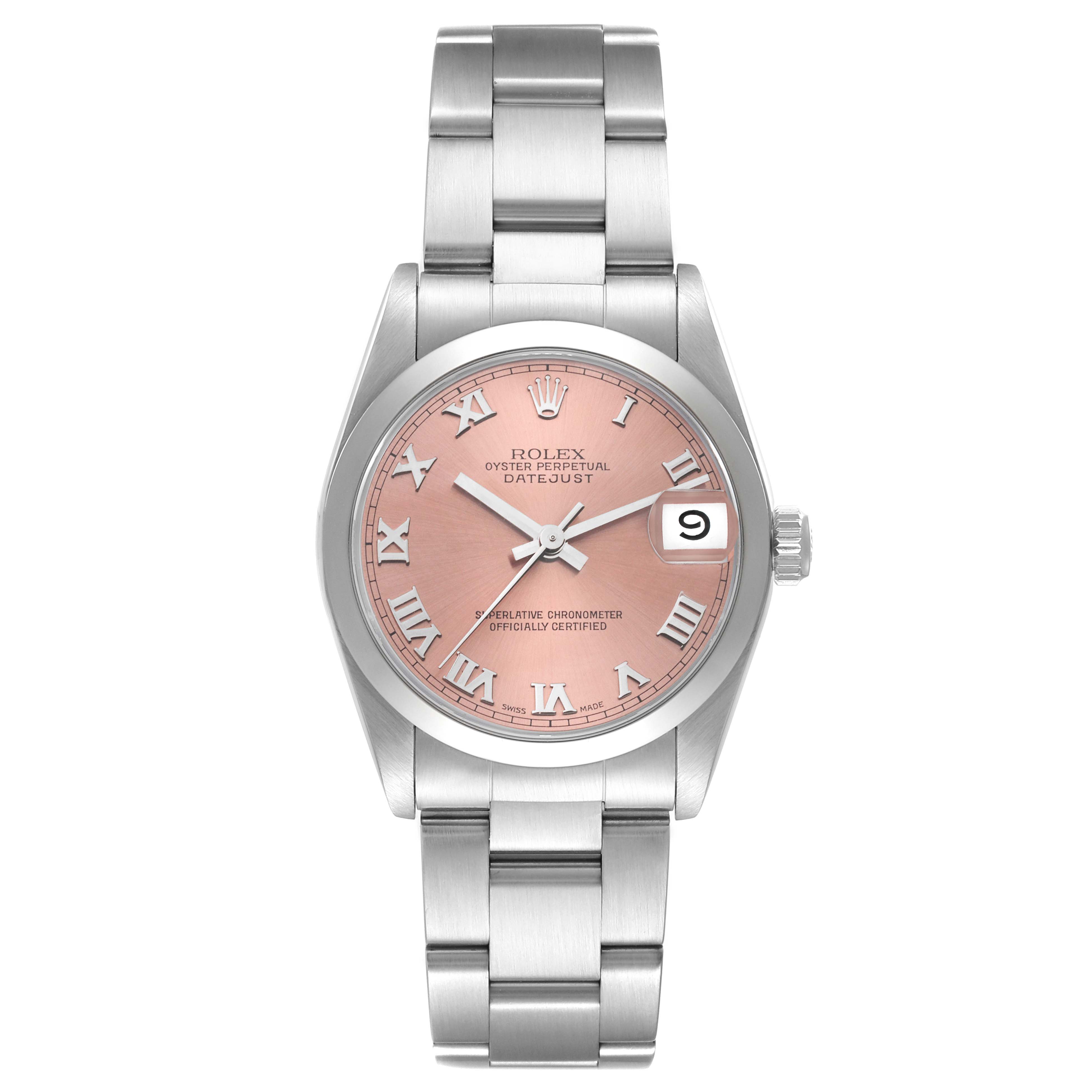 This image shows a front view of a Mid-Size Rolex Datejust featuring a pink dial and stainless steel bracelet.