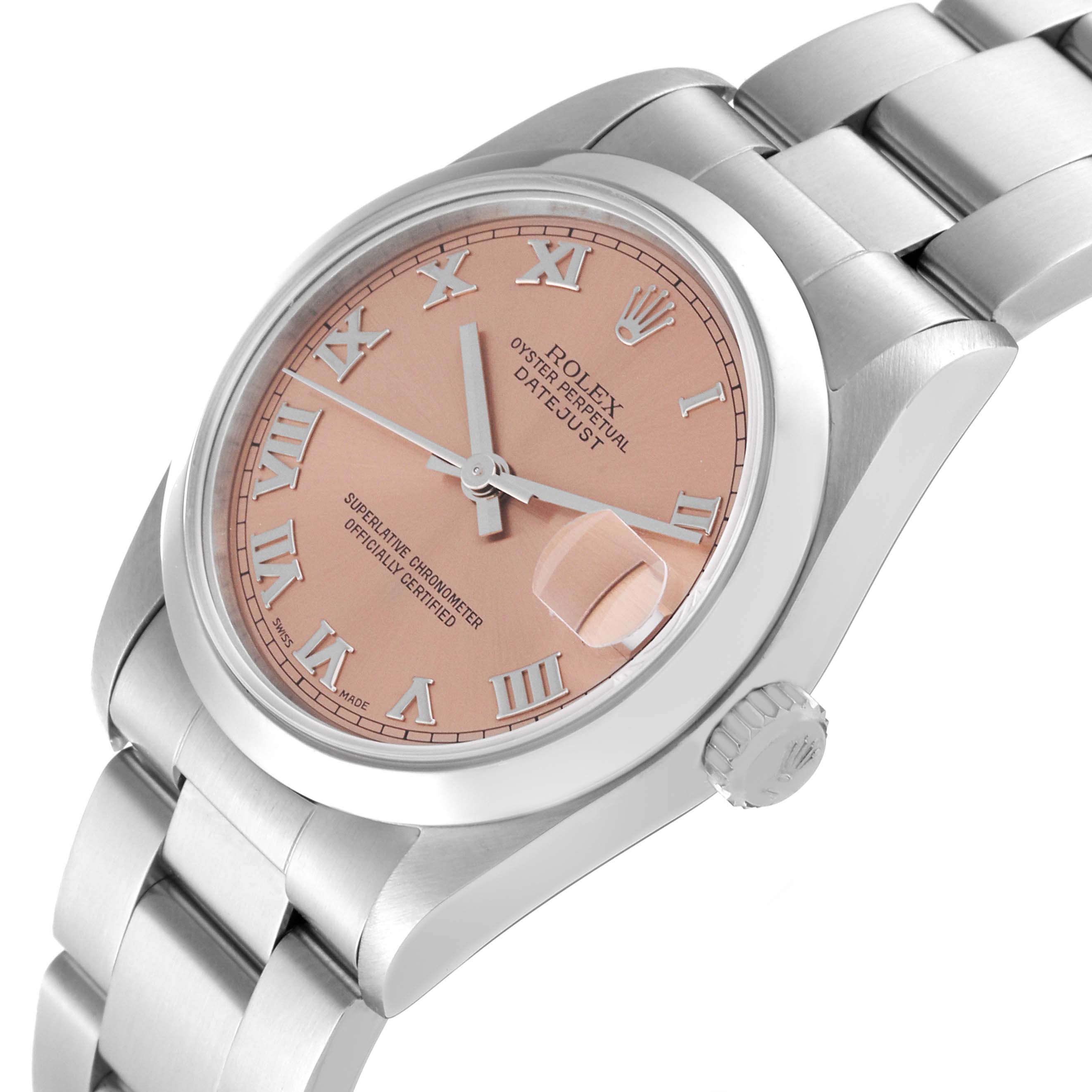 The Rolex Mid-Size 68240 Women's Stainless Steel Pink Dial 68240 Women's Stainless Steel Pink Dial Oyster Perpetual Datejust watch is shown at an angle, highlighting the dial, bracelet, case, and crown.