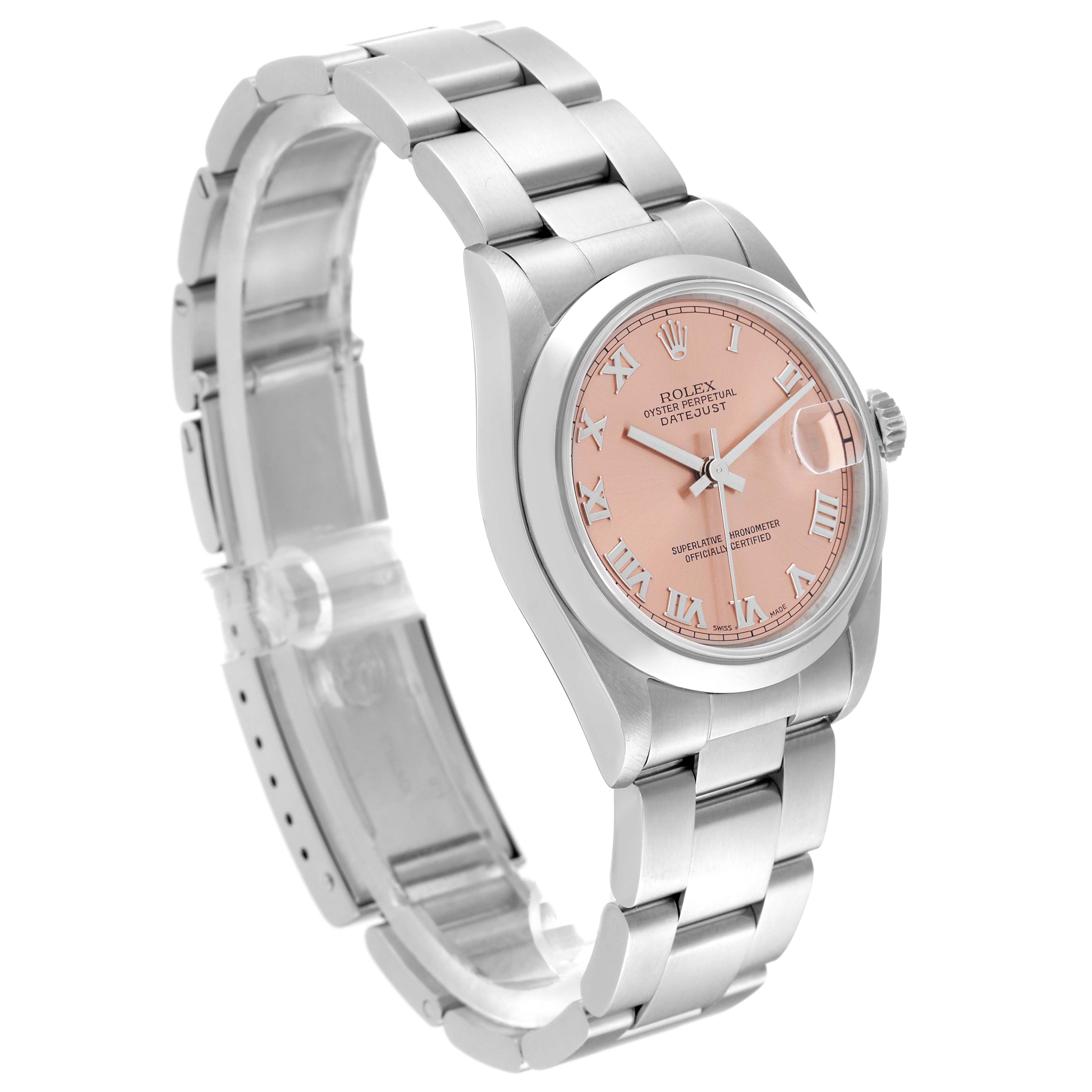 The image shows a side-angle view of a Rolex Mid-Size 68240 Women's Stainless Steel Pink Dial 68240 Women's Stainless Steel Pink Dial Datejust, highlighting the bracelet, case, and pink dial.