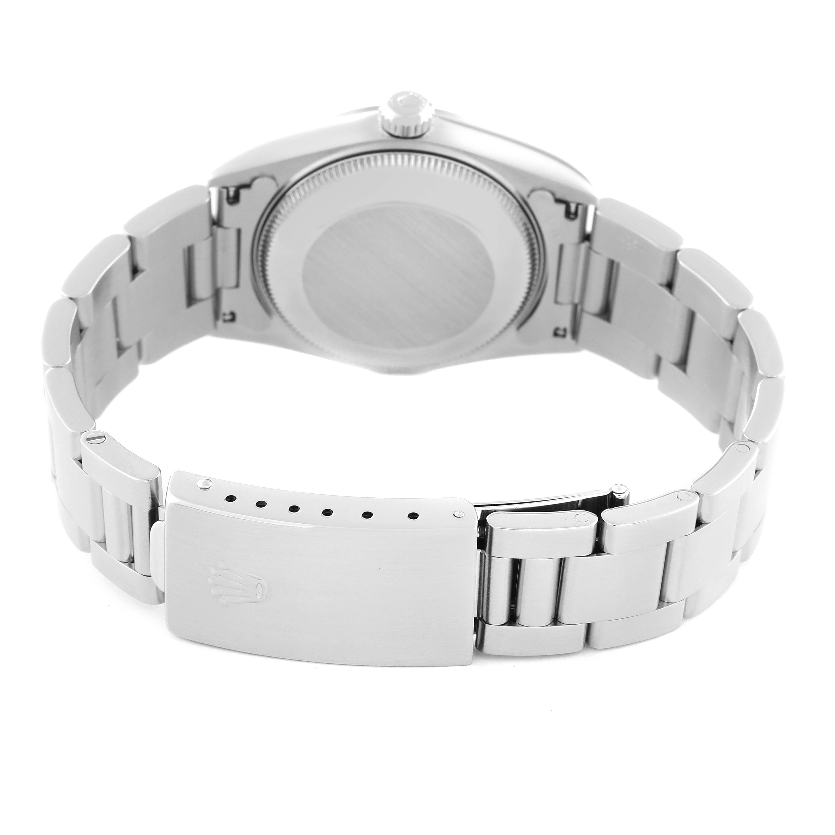 The image shows the back view and clasp of a Rolex Mid-Size 68240 Women's Stainless Steel Pink Dial 68240 Women's Stainless Steel Pink Dial model watch.