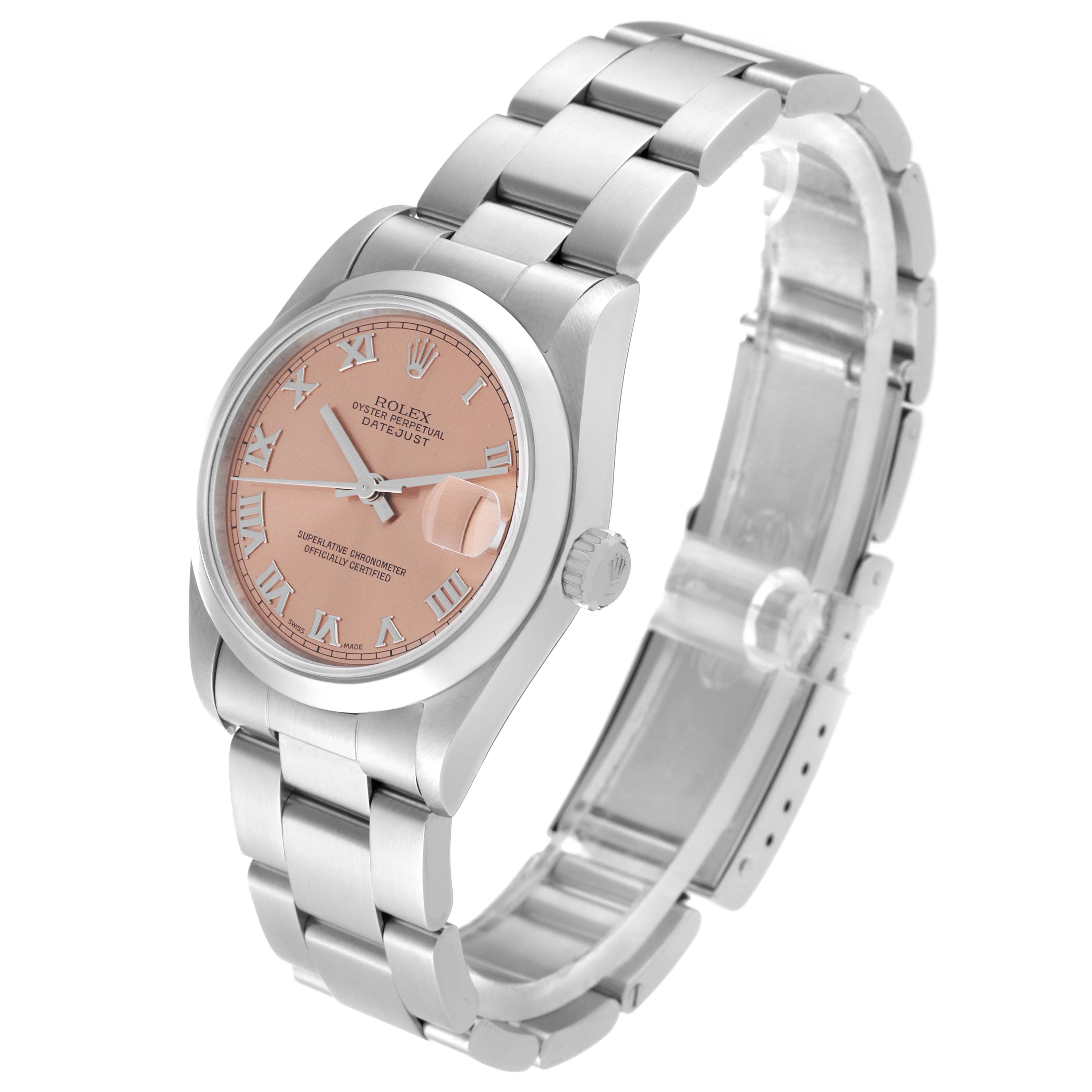 This image shows a side-angled view of a Mid-Size Rolex Datejust, featuring its dial, bracelet, and clasp.